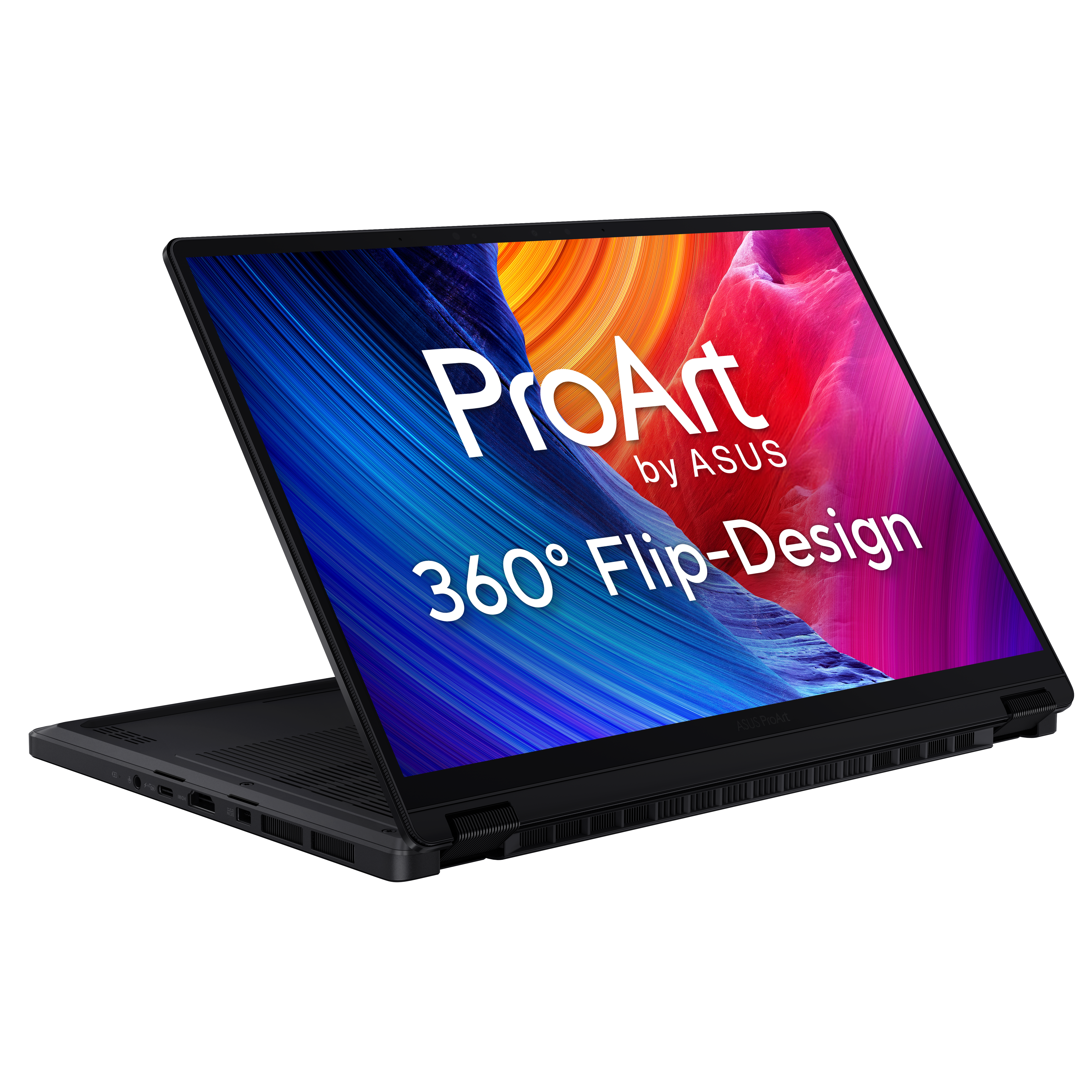 Schwarzer Laptop mit "ProArt by ASUS" und "360 Flip-Design" auf dem Bildschirm.