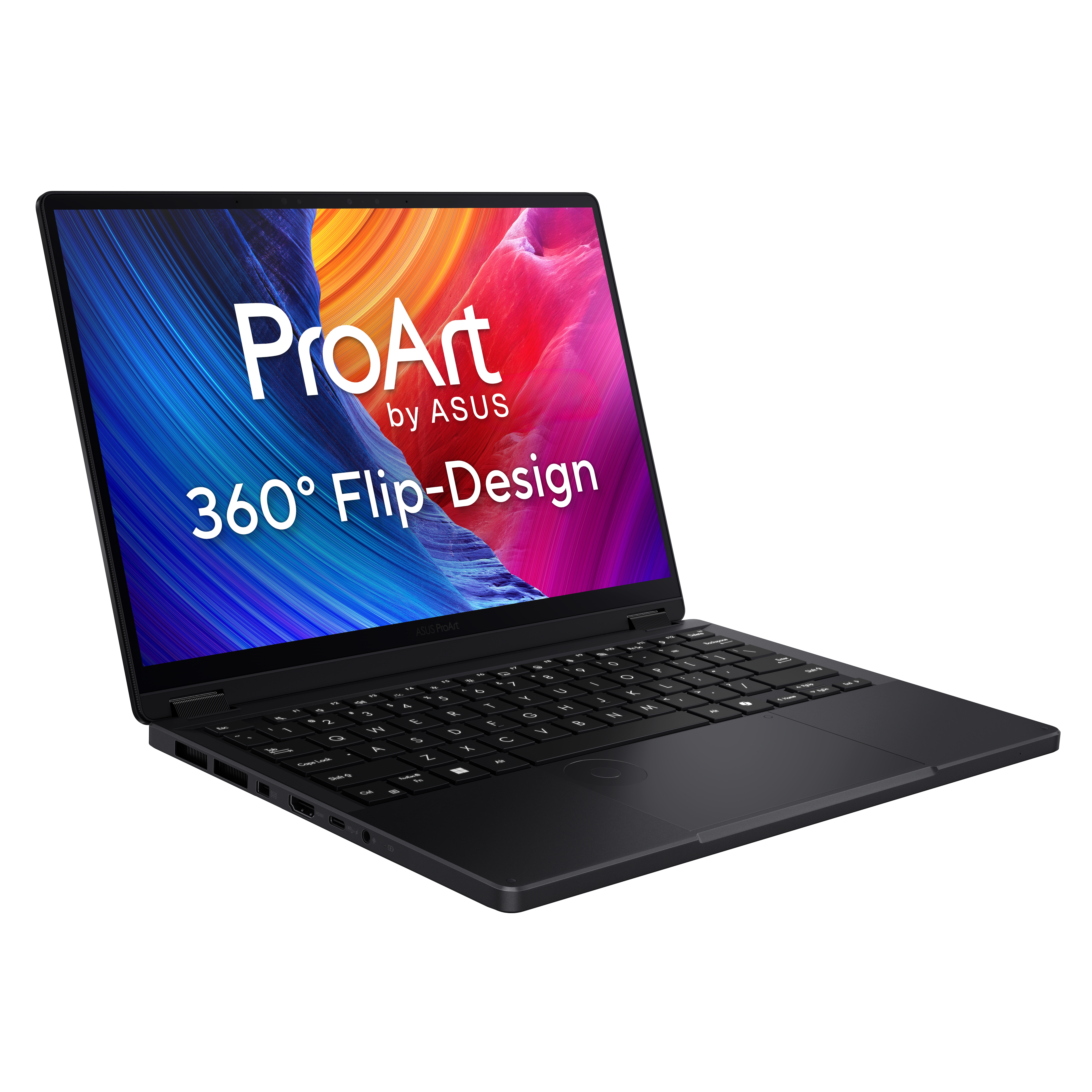 Schwarzer ASUS ProArt Laptop mit 360° Flip-Design und farbenfrohem Hintergrund.