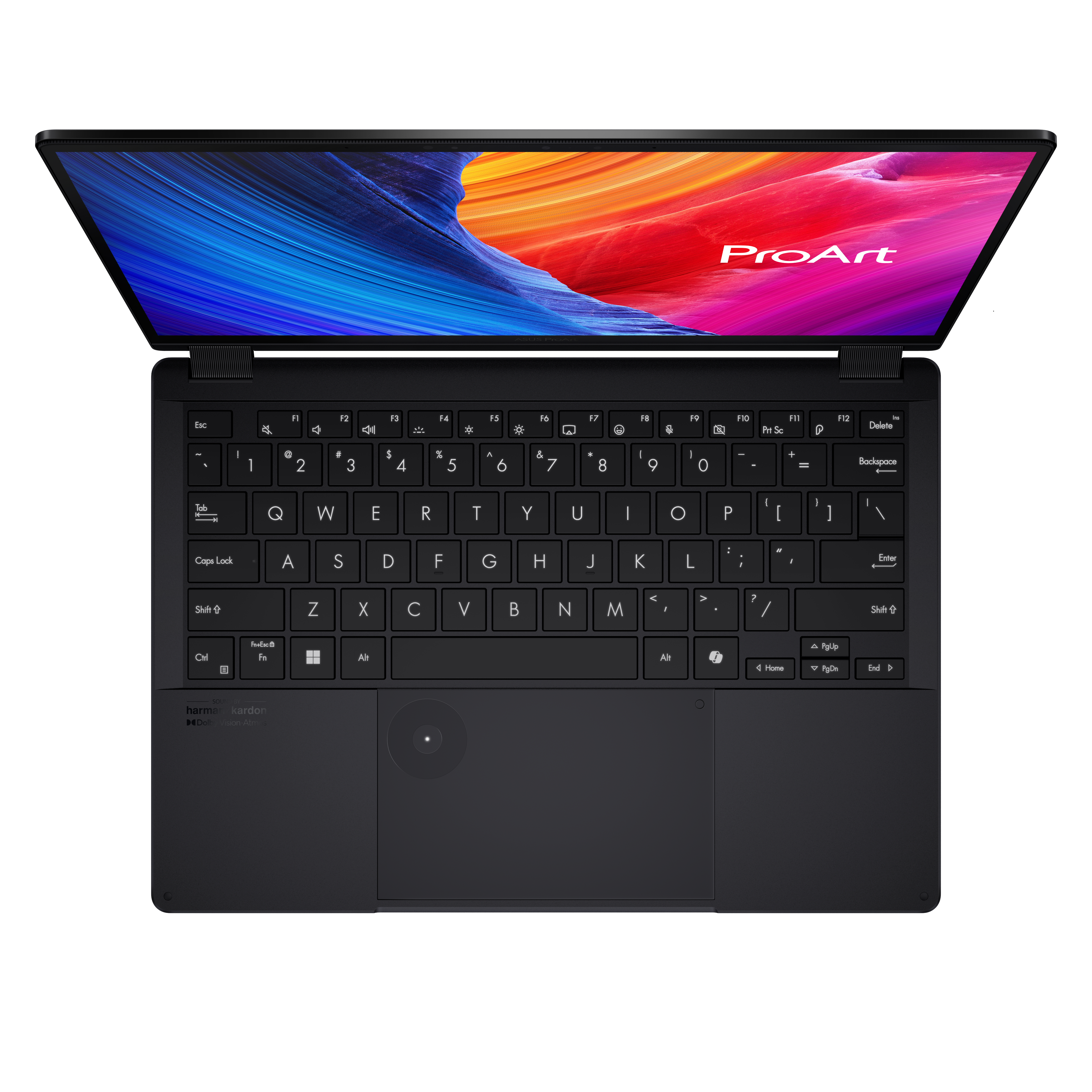 Schwarzer Laptop mit beleuchtetem ProArt-Bildschirm und Tastatur.