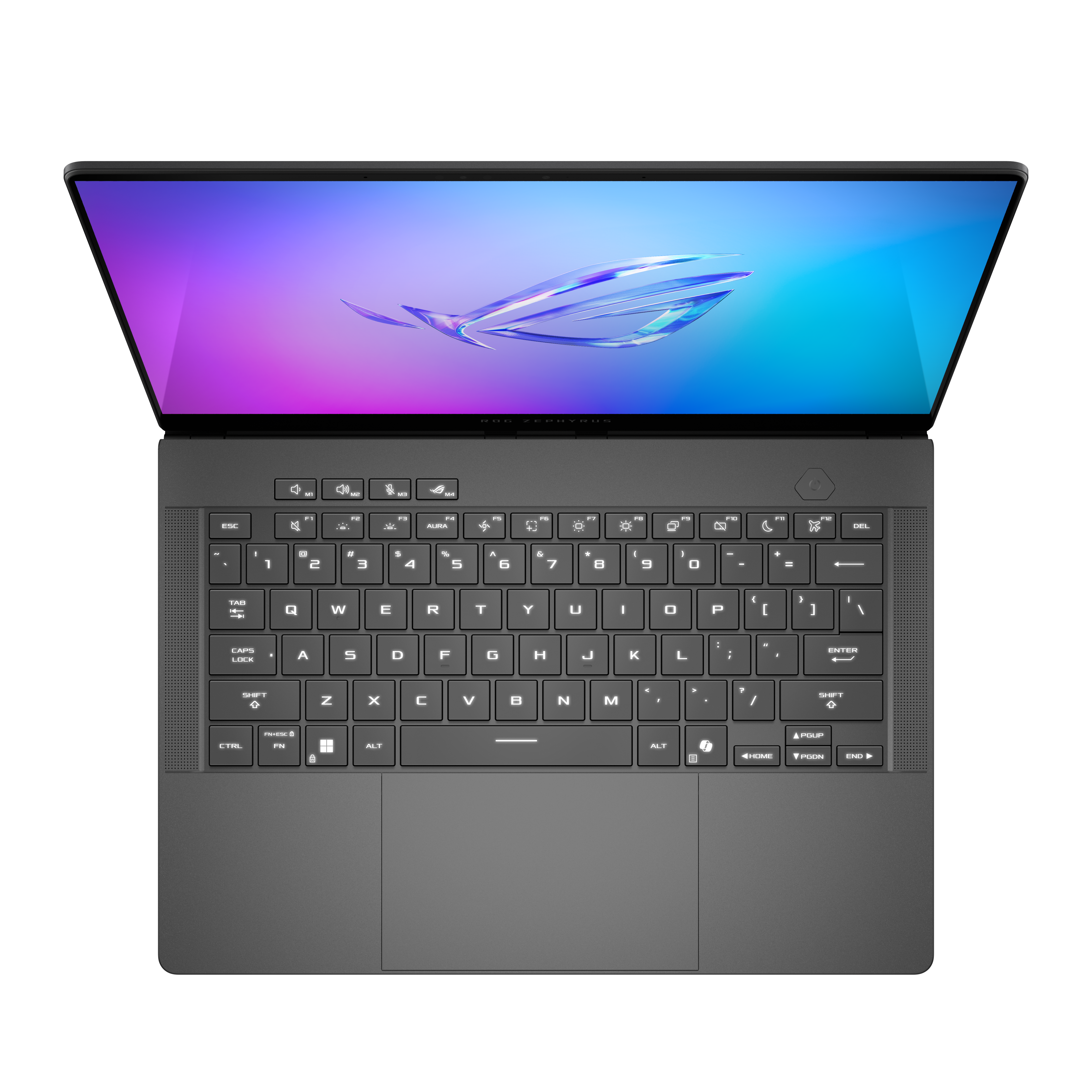 Dunkelgraues Laptop mit beleuchteter Tastatur und lebendigem Bildschirm. Das Logo ist dezent.