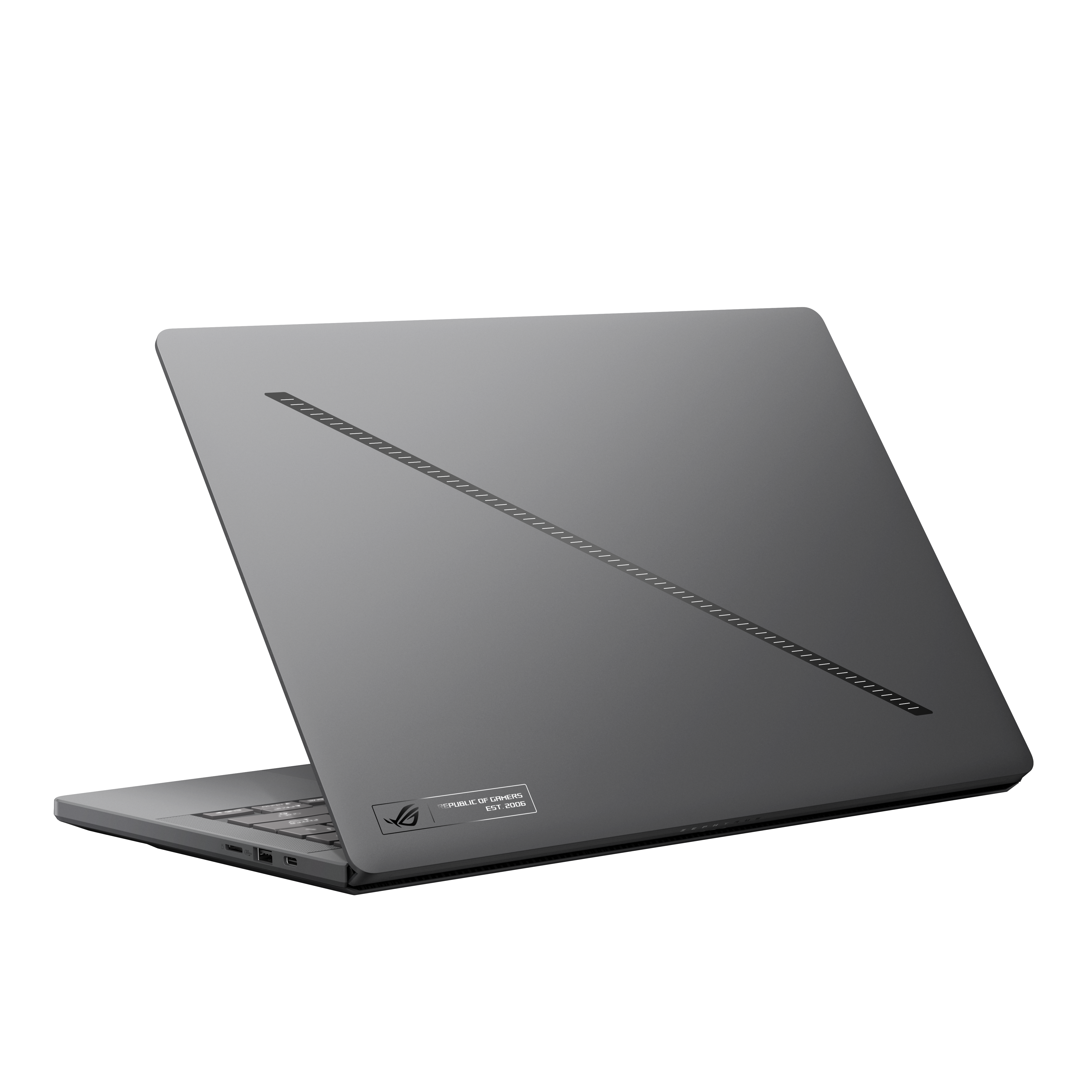 Grauer Laptop mit geöffnetem Deckel, Tastatur sichtbar, ROG-Logo unten rechts.