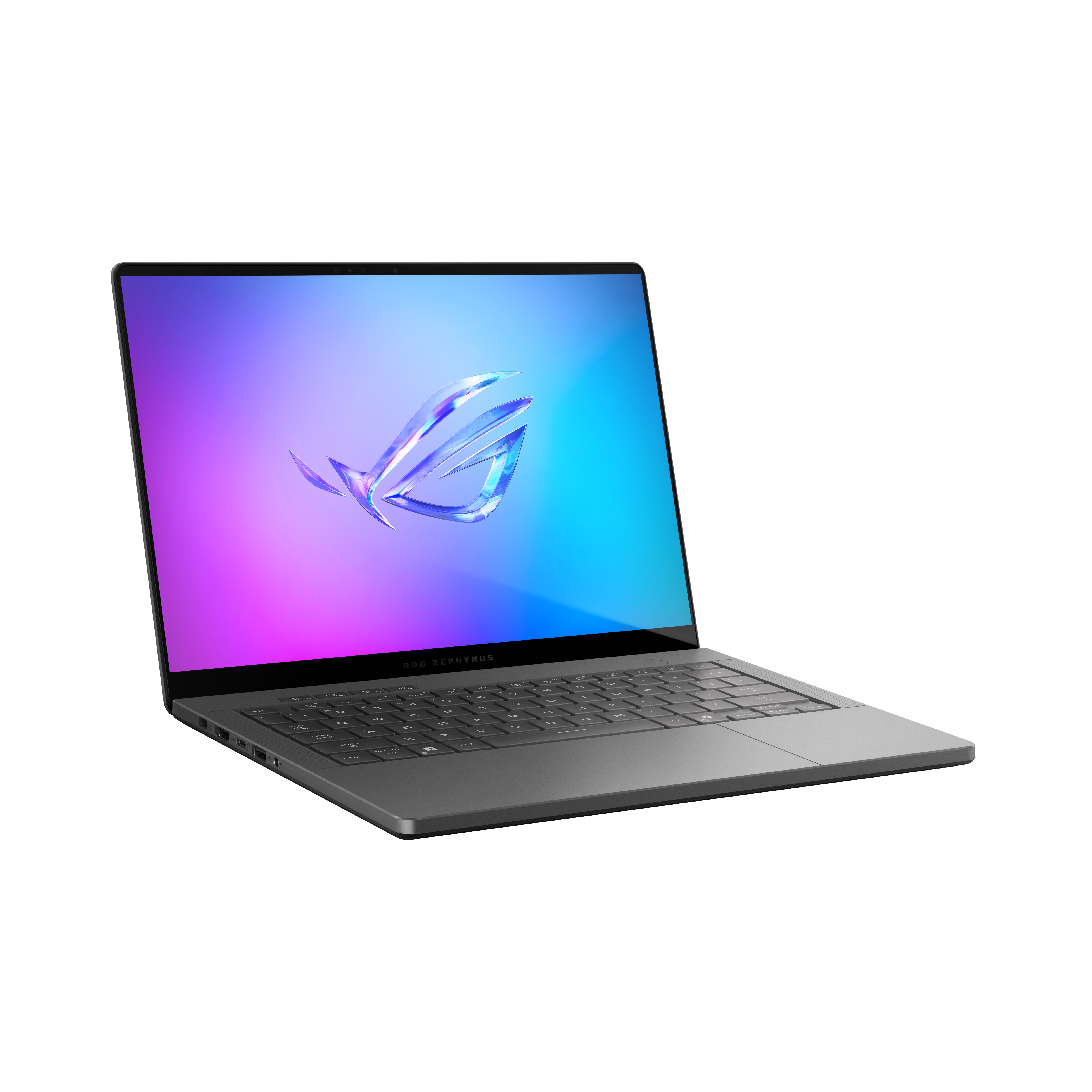 Ein geöffneter Laptop mit einem stilisierten Logo auf dem Bildschirm.