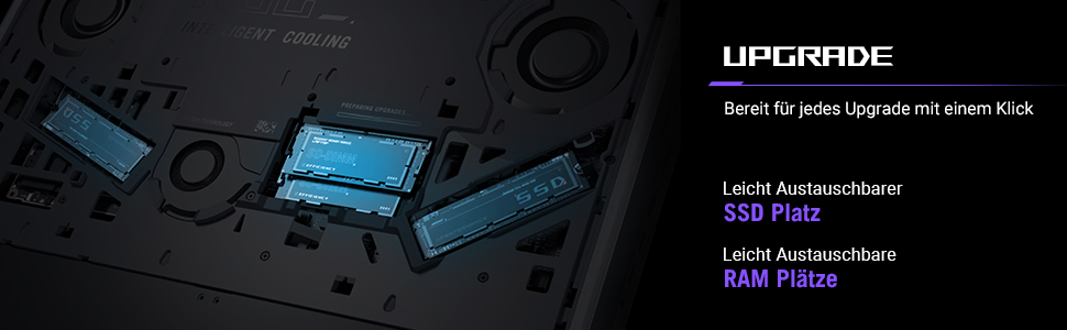 Nahaufnahme von Computerkomponenten, SSDs und RAM-Steckplätzen.