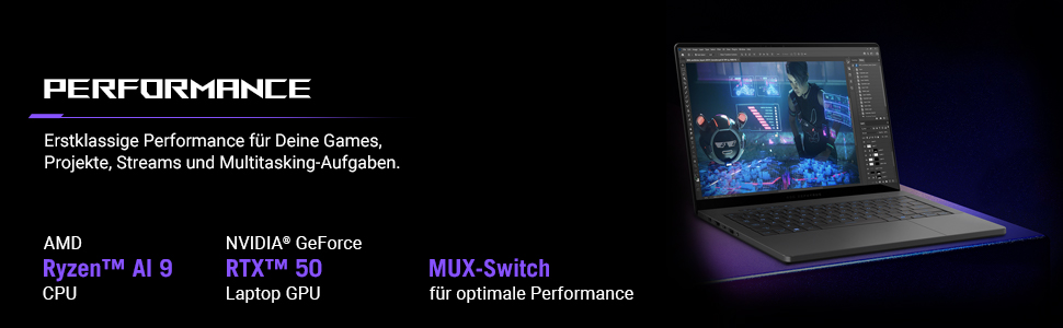 Ein Laptop zeigt eine digitale Kunstszene, daneben stehen Leistungsangaben.