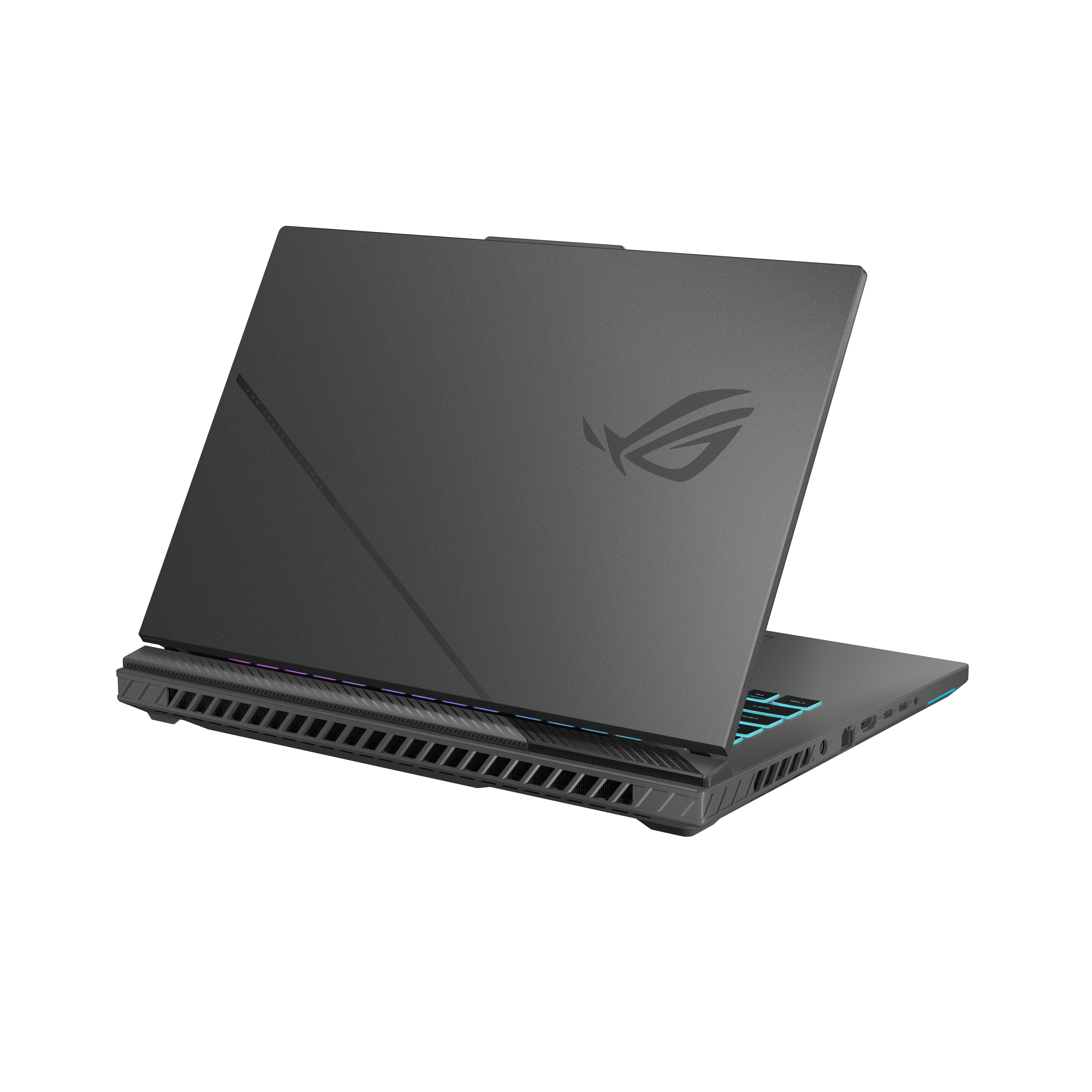 Grauer Laptop mit ROG-Logo, geöffnet, beleuchtete Tastatur.
