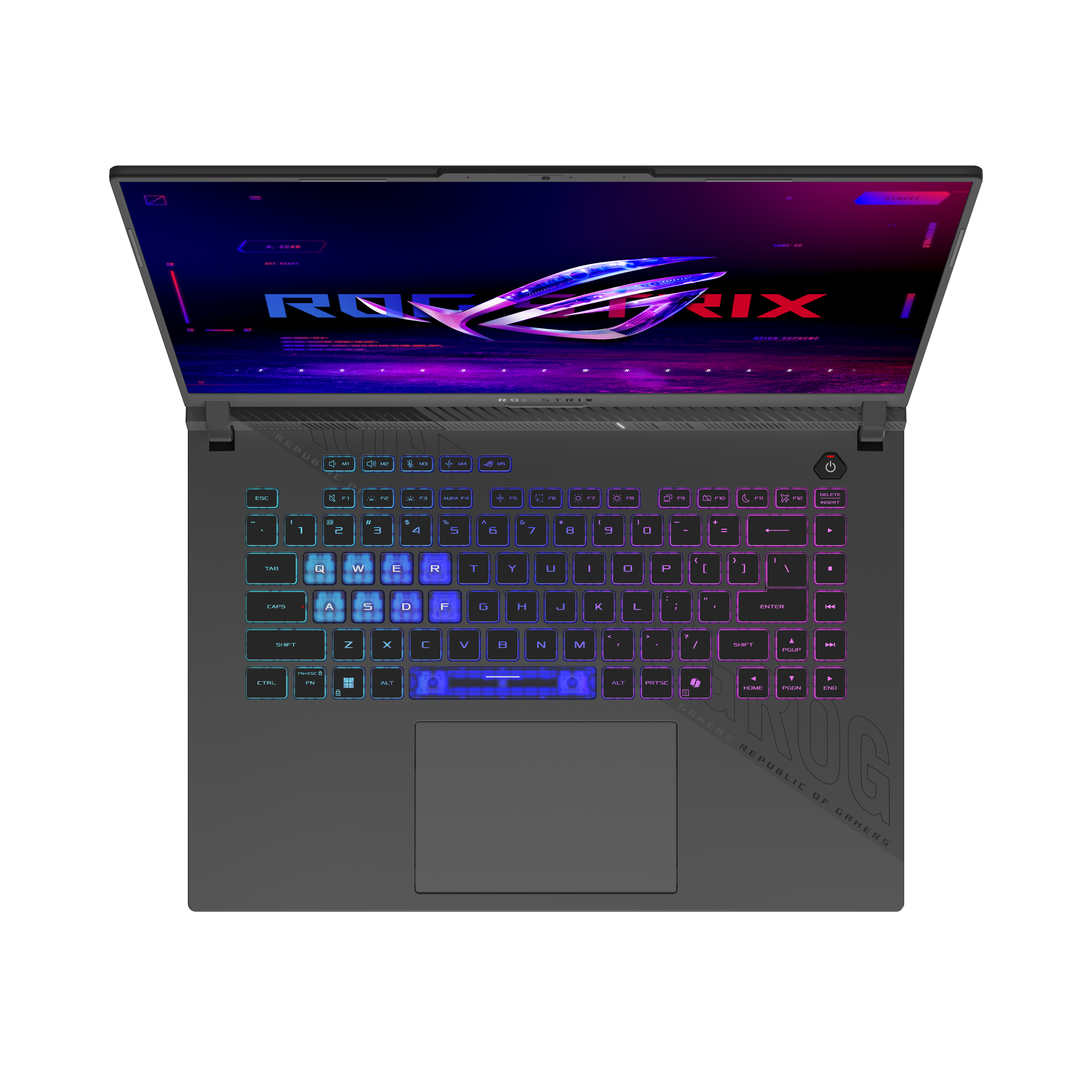 Ein offener grauer Gaming-Laptop mit beleuchteter Tastatur und RGB-Logo.