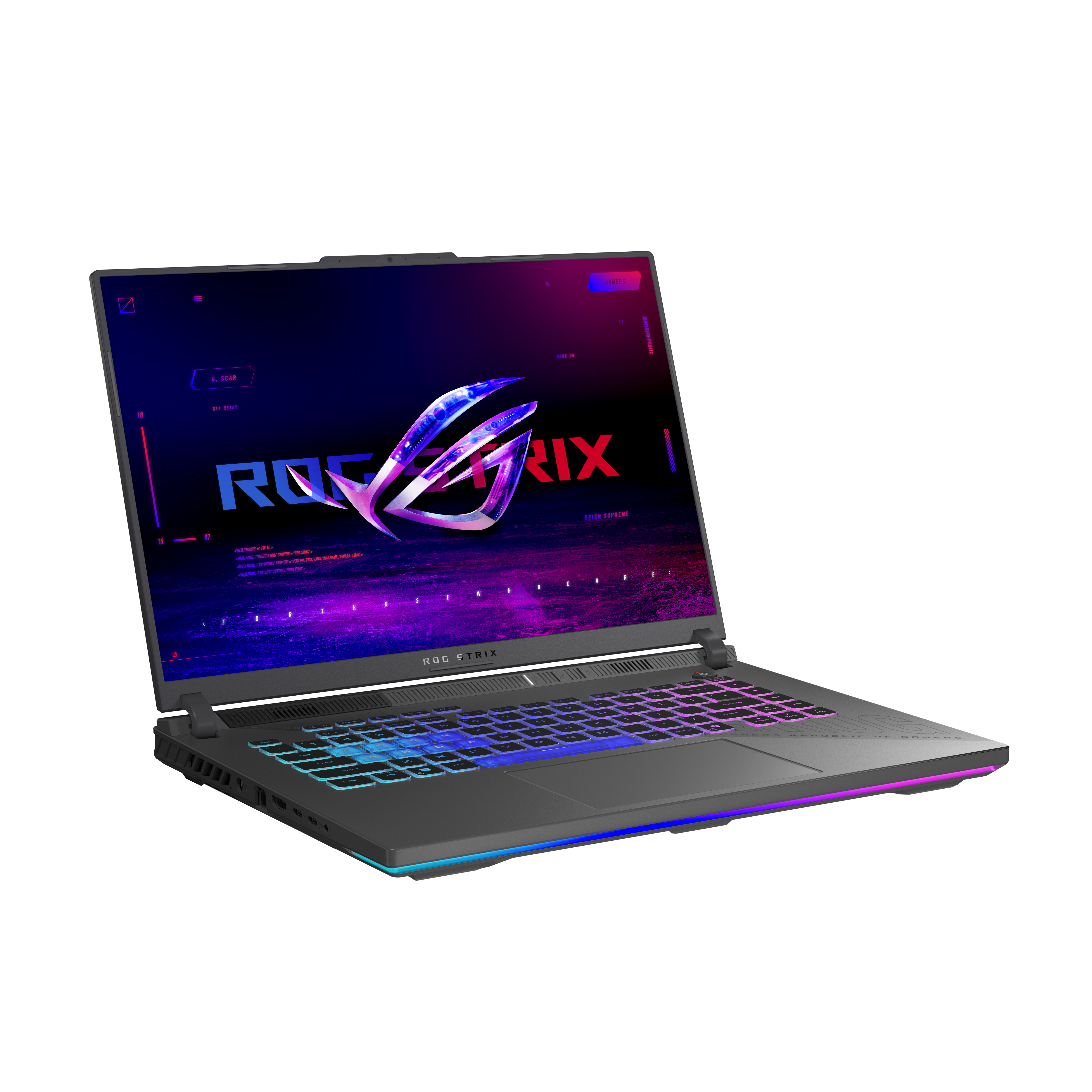 Ein Laptop mit beleuchteter Tastatur und dem ROG-Logo auf dem Bildschirm.