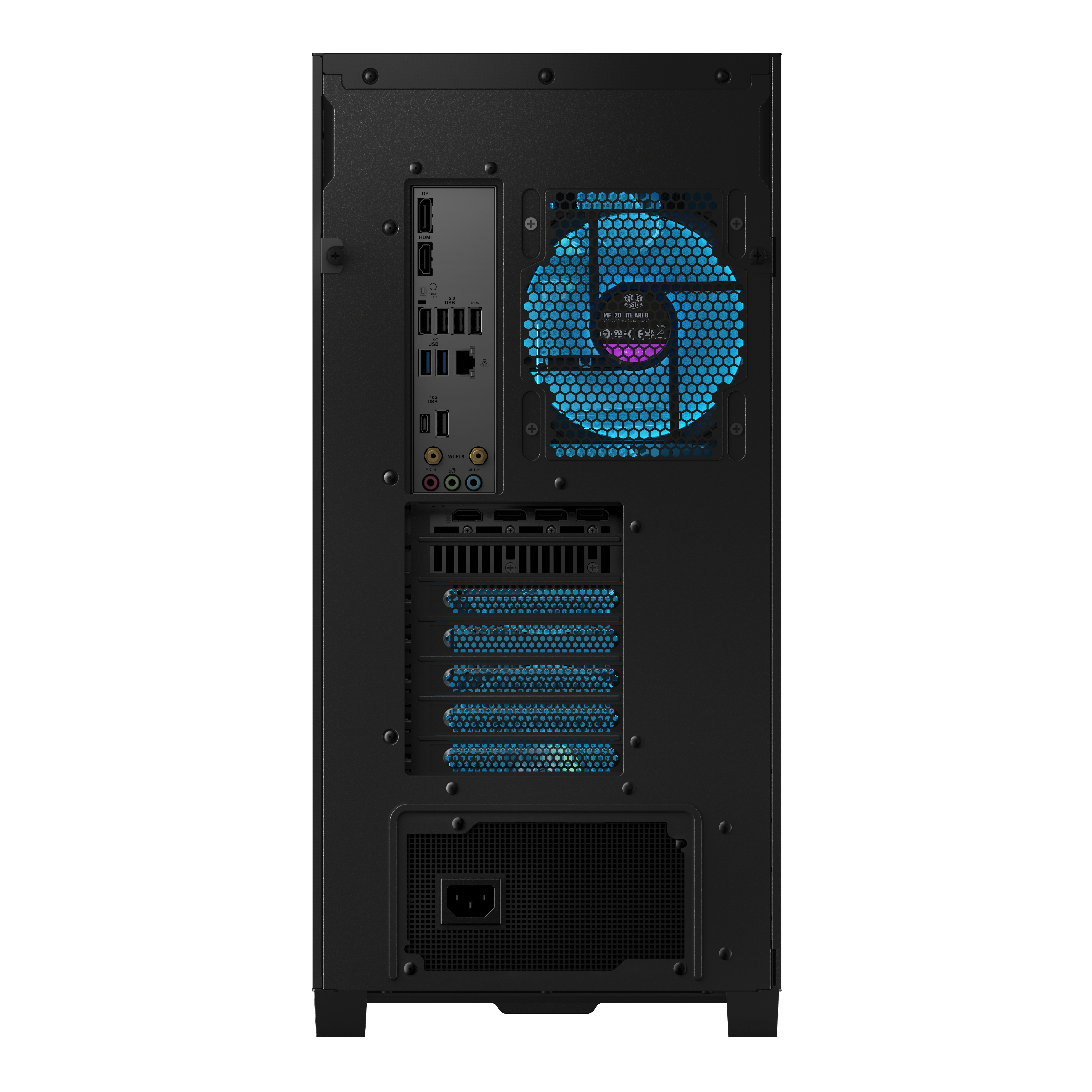 Rückseite eines schwarzen Computergehäuses mit Anschlüssen und blau beleuchtetem Lüfter.
