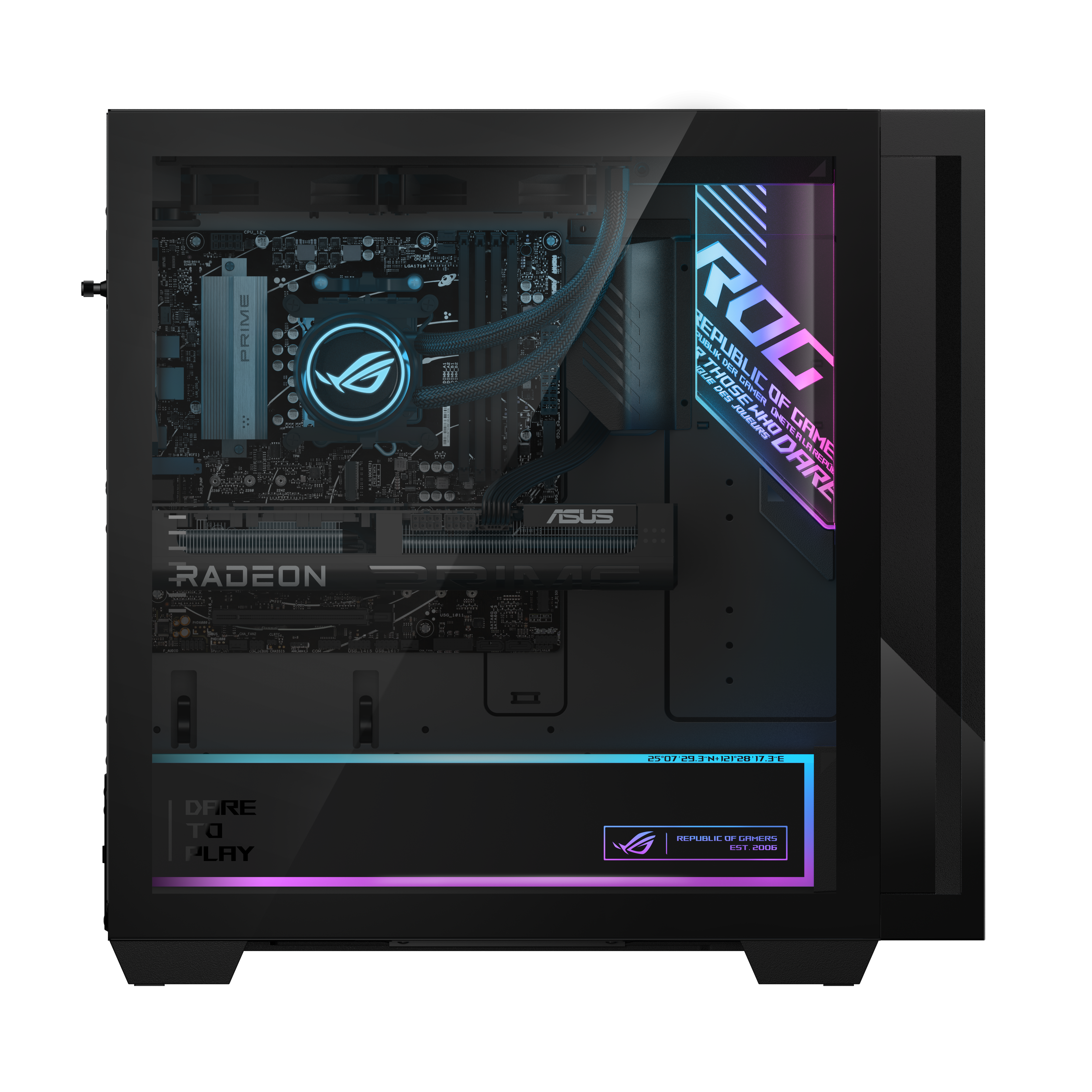 Ein schwarzes PC-Gehäuse mit Glasfront, beleuchteten Komponenten und ROG-Logo.