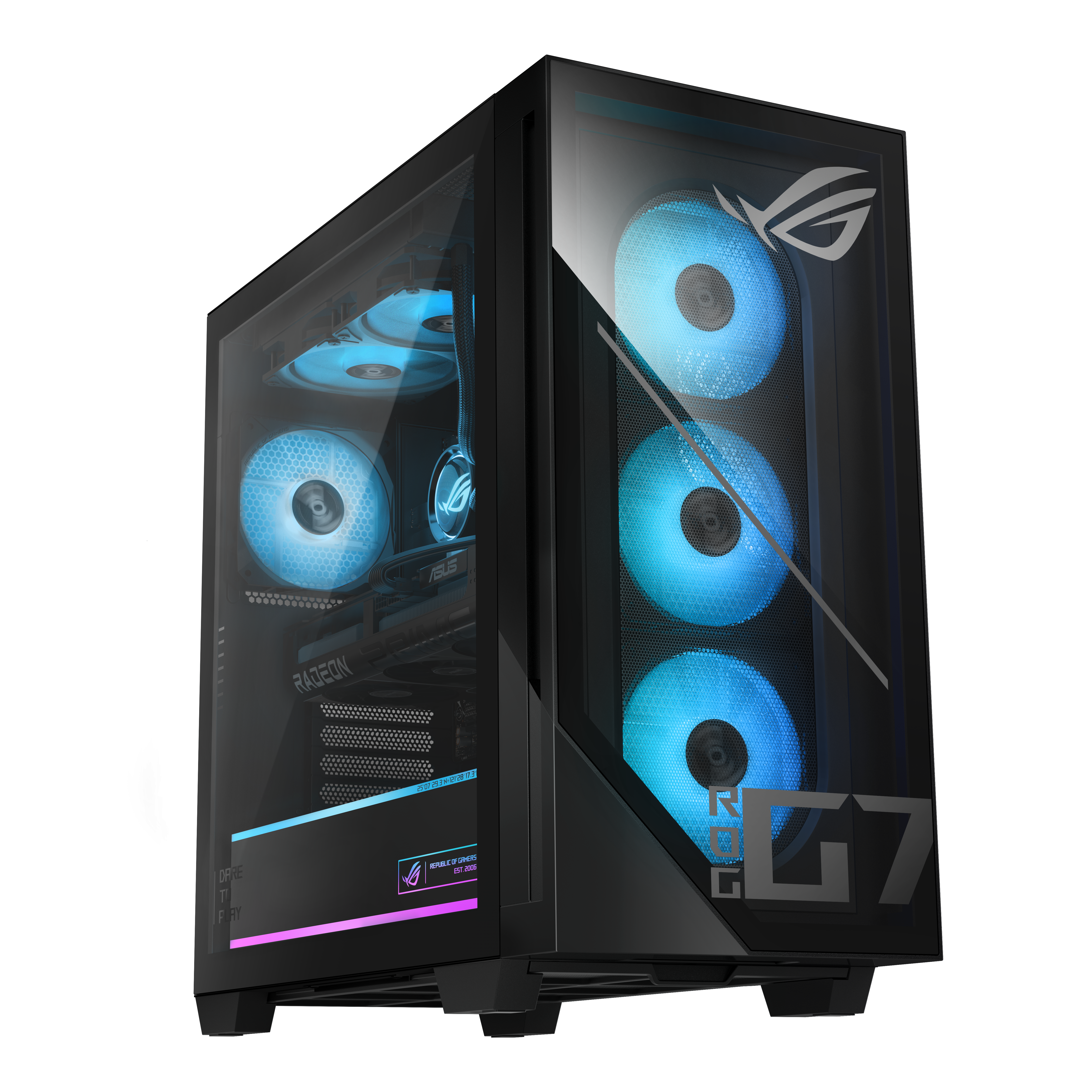 Schwarzer PC-Tower mit beleuchteten blauen Lüftern und Glasfenster.