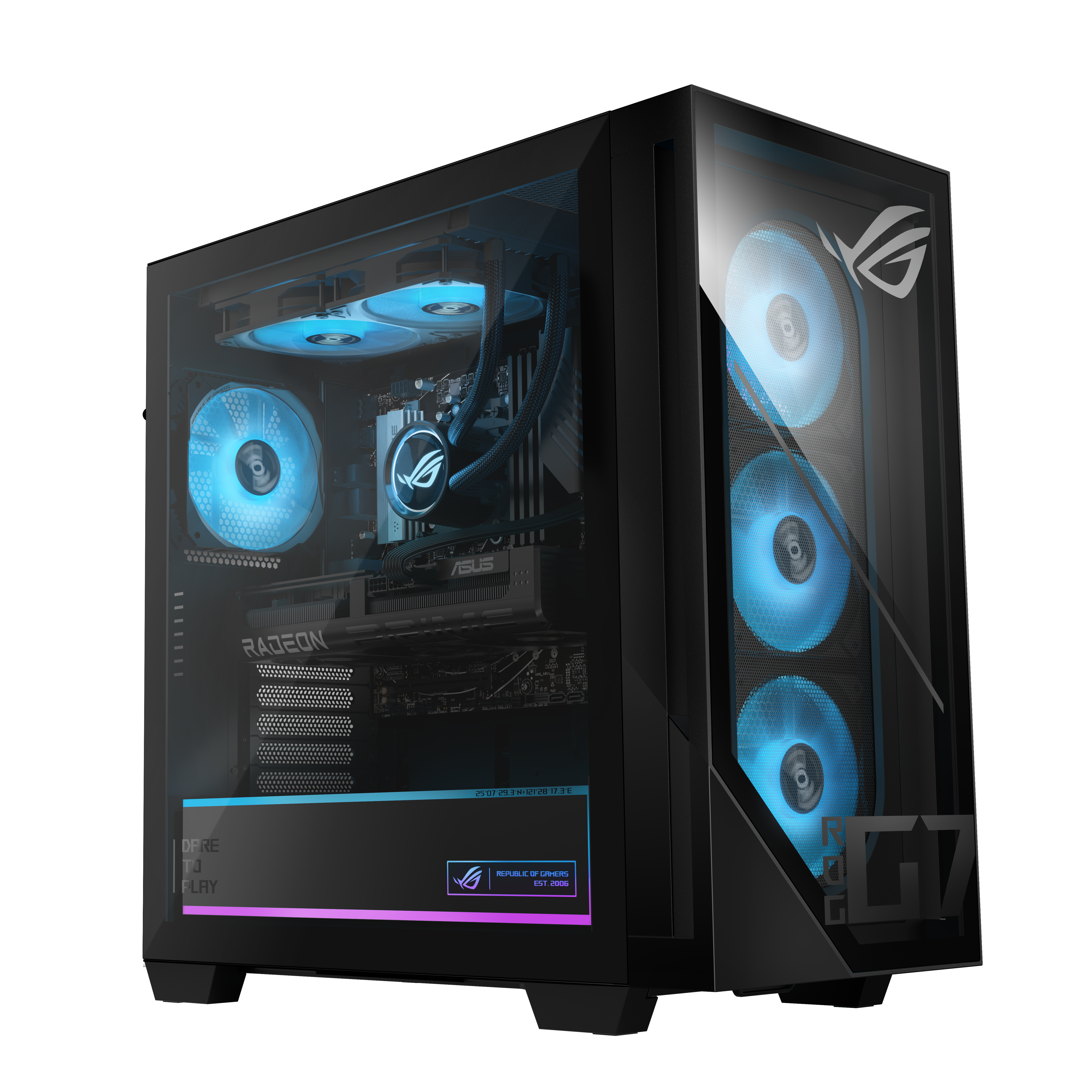 Schwarzer Gaming-PC mit blauen Lüftern und Glasfenster, der ROG-Logo.