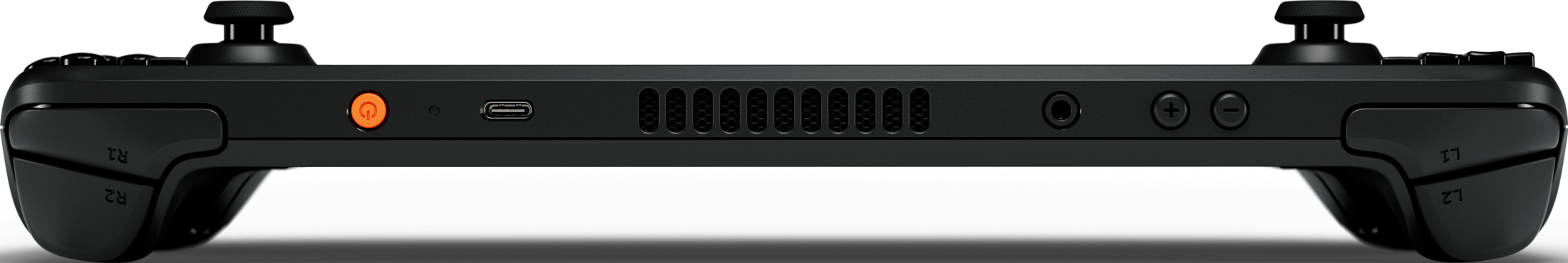Manette noire avec bouton d'alimentation orange, port USB-C et fentes d'aération.
