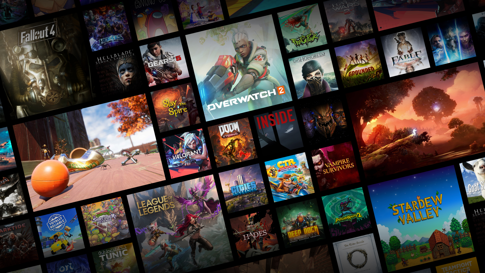 Collage aus Videospiel-Covern mit Fallout 4, Overwatch 2, Gears 5 und mehr.