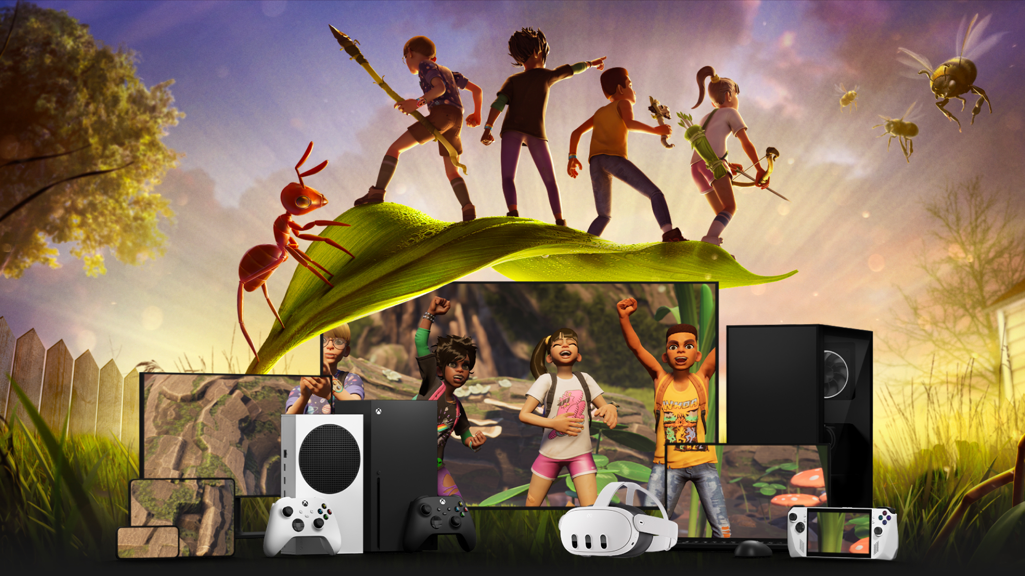 Kinder auf einem Blatt mit Ameise, Xbox, VR-Brille und PC.