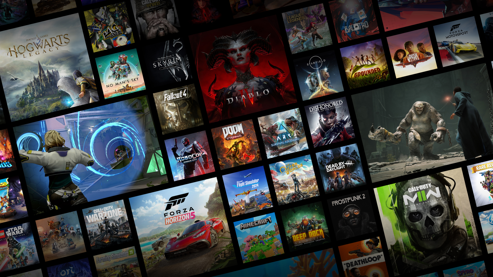Collage von Videospielcovern mit Spielen wie Hogwarts Legacy, Diablo IV und Forza.
