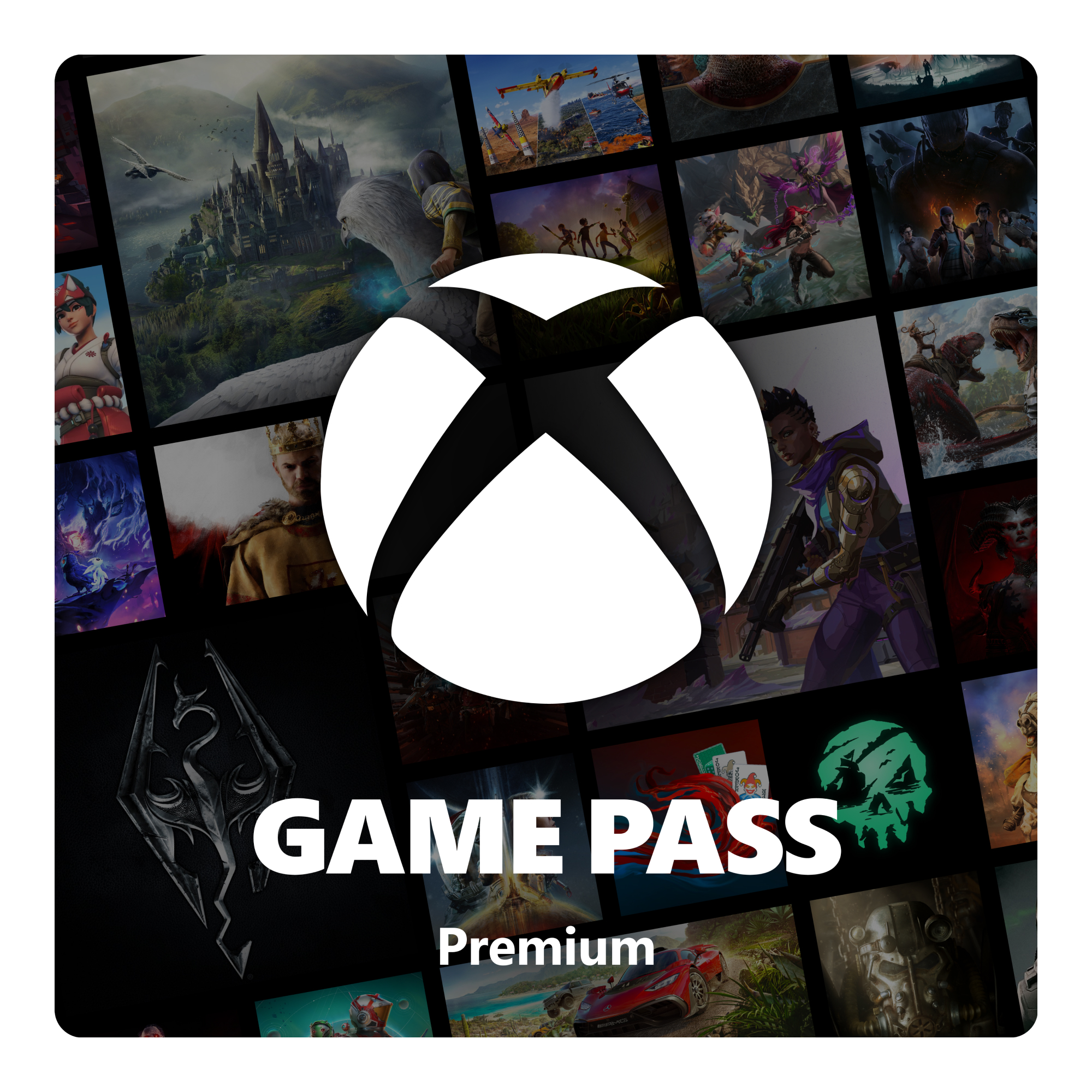 Xbox Game Pass Premium Logo mit Spiele-Collage. Weiße Xbox-Logo-Form. Diverse Spielbilder.