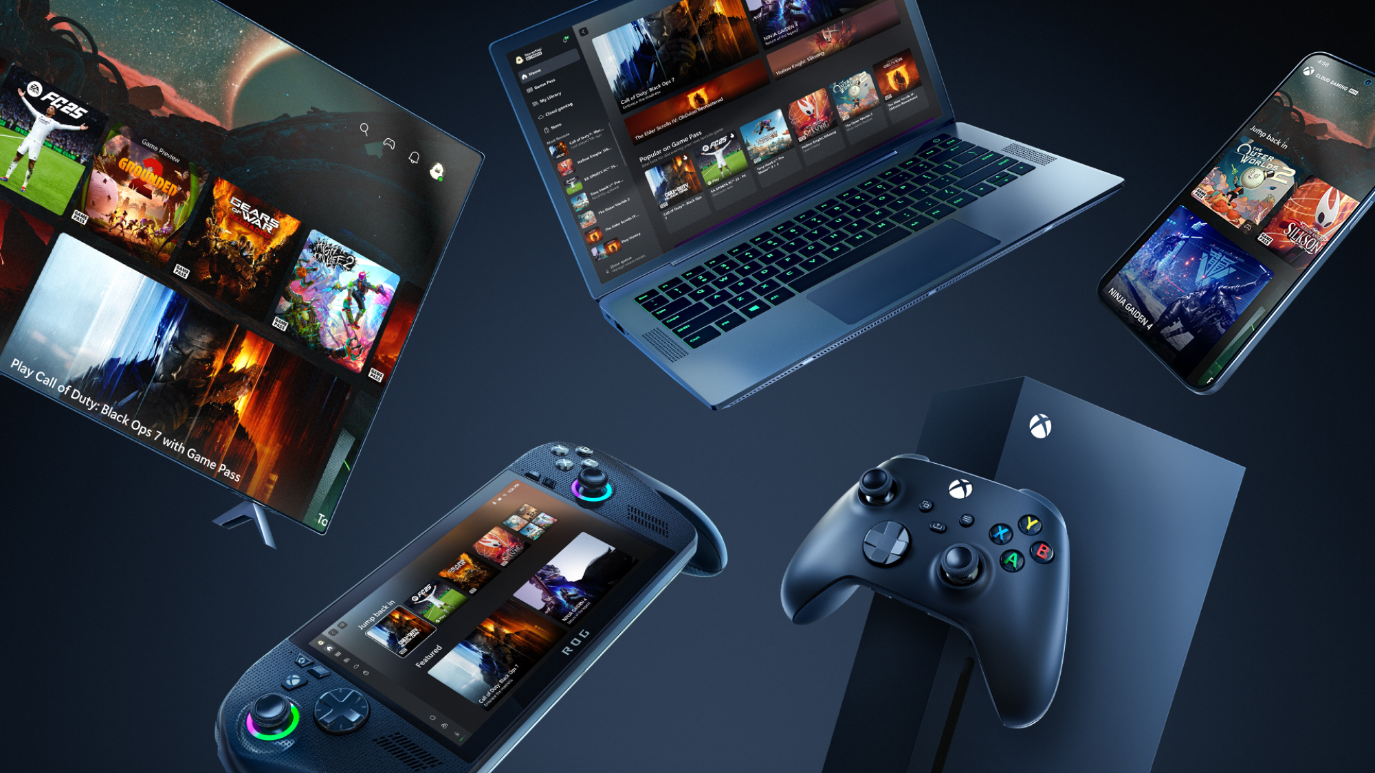 Ein Laptop, ein Smartphone, ein Handheld, ein Controller und eine Xbox-Konsole.