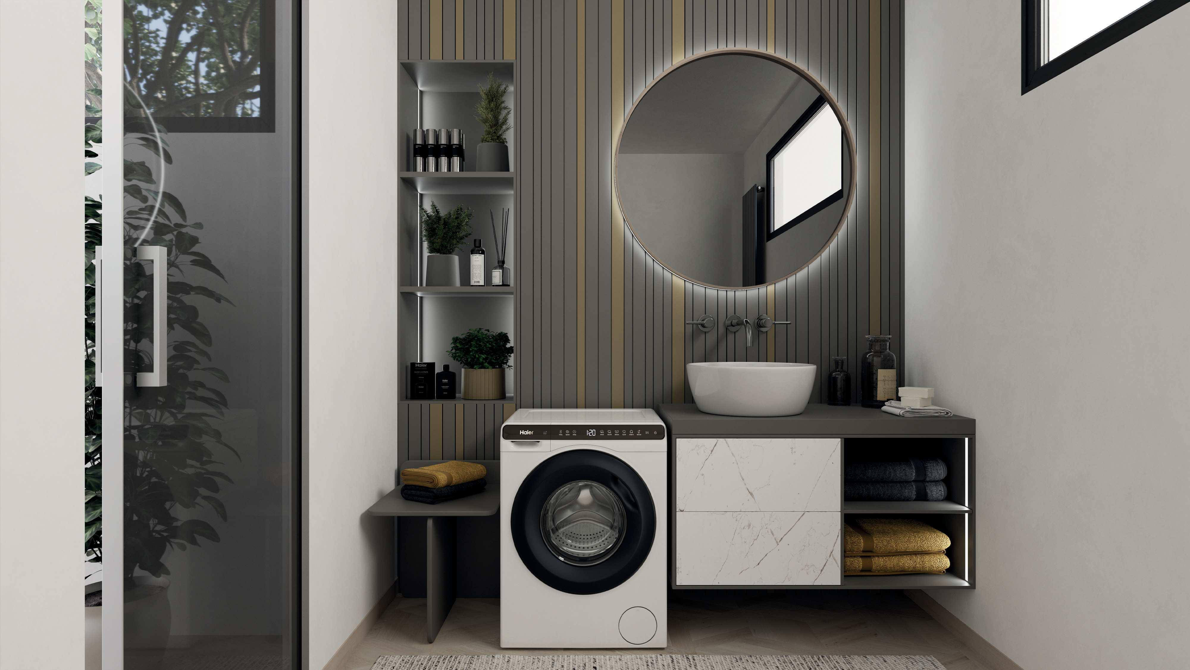 Modernes Badezimmer mit Waschmaschine, Waschbecken, Spiegel und Regal.
