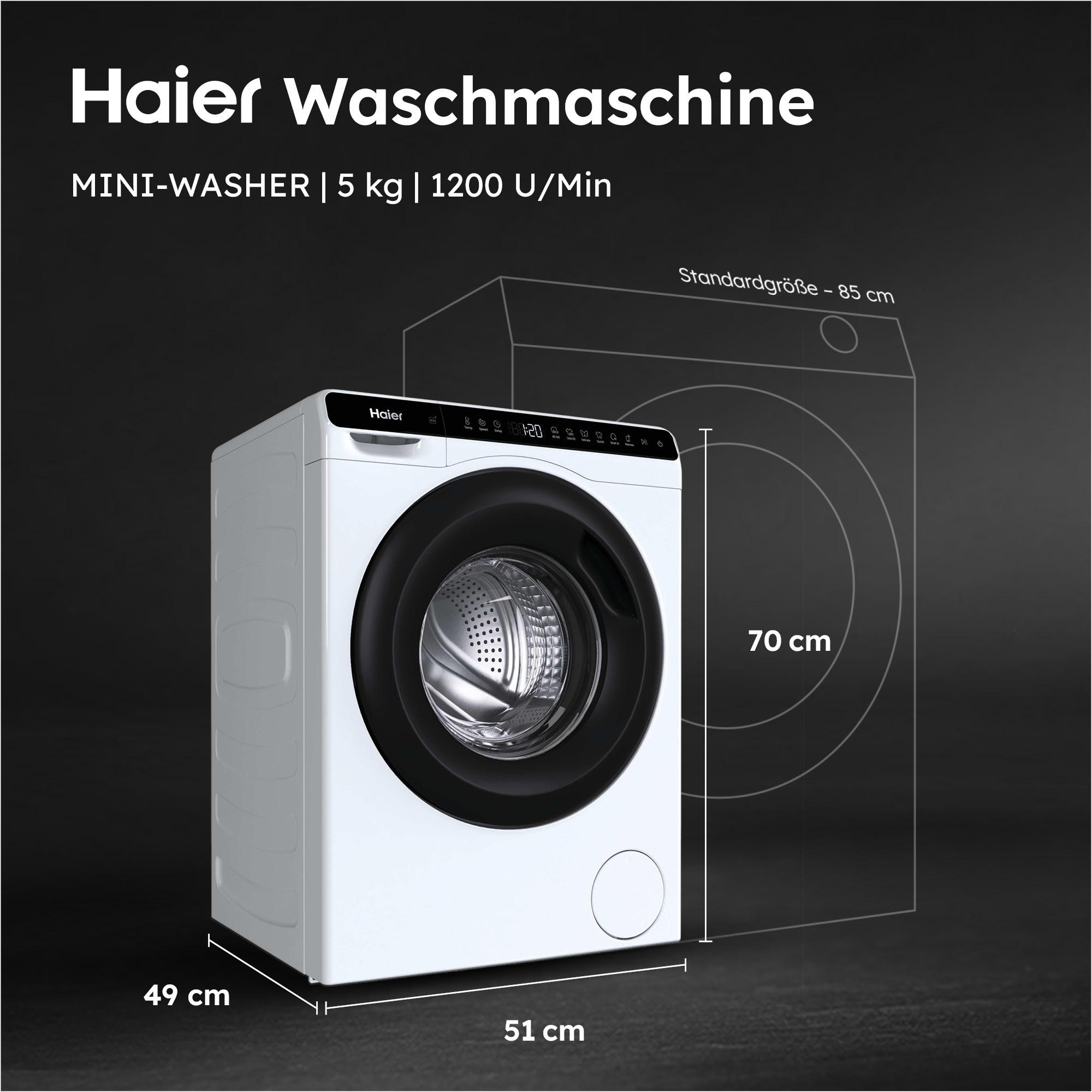Weiße Haier Waschmaschine mit schwarzer Tür, Maße 49x51x70cm.