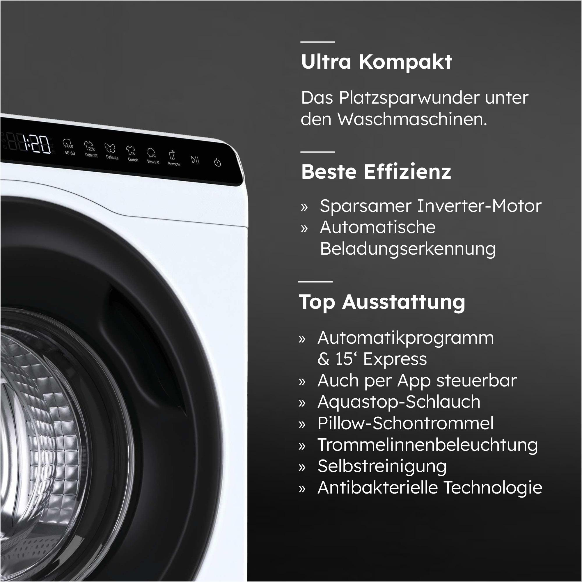 Weiße Waschmaschine mit digitaler Anzeige und Programmtasten. Text über Effizienz.
