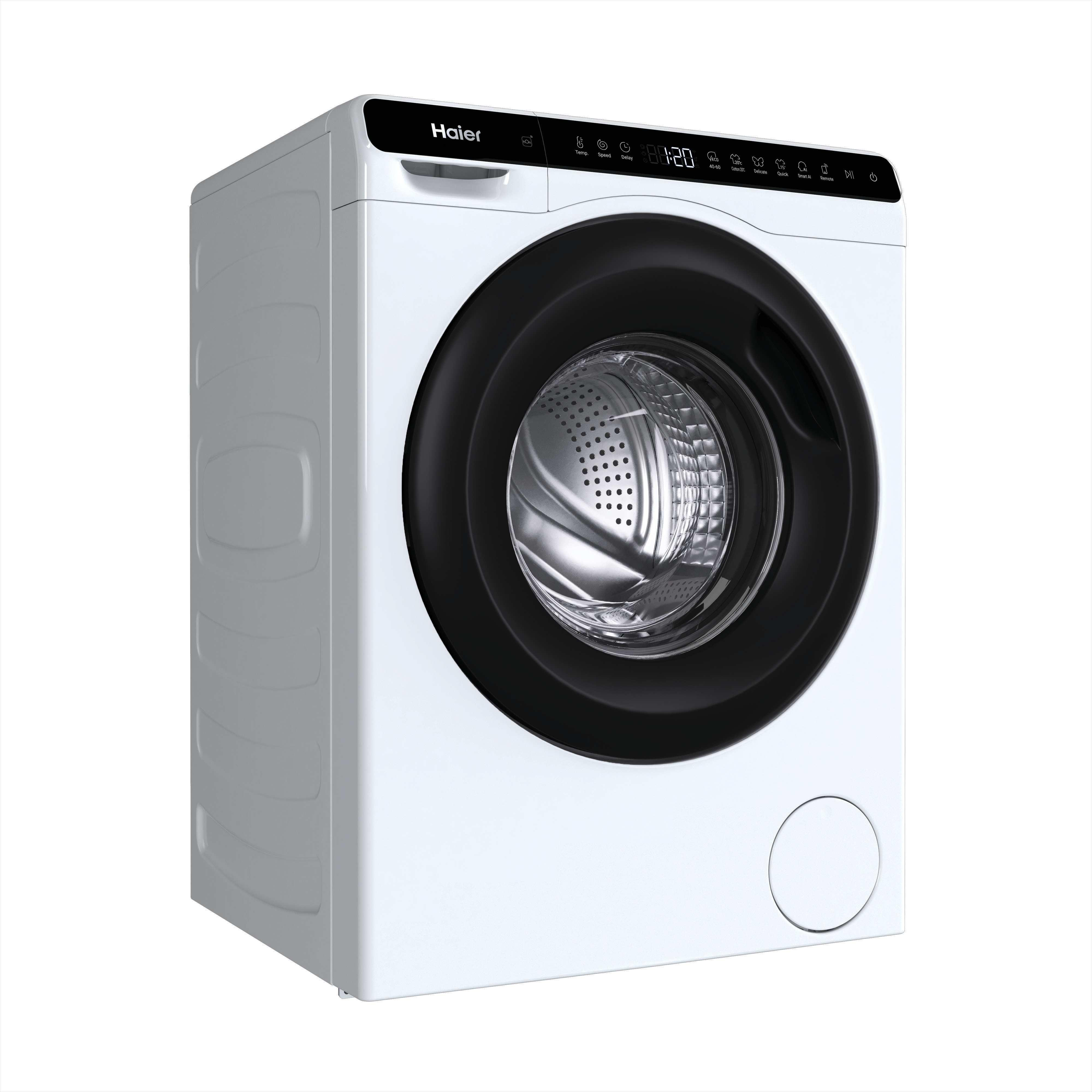 Eine weiße Haier Waschmaschine mit schwarzer Tür und digitalem Display.