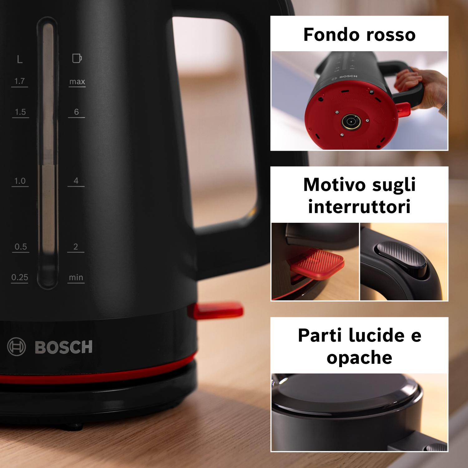 Bollitore nero con accenti rossi e indicatore livello acqua.