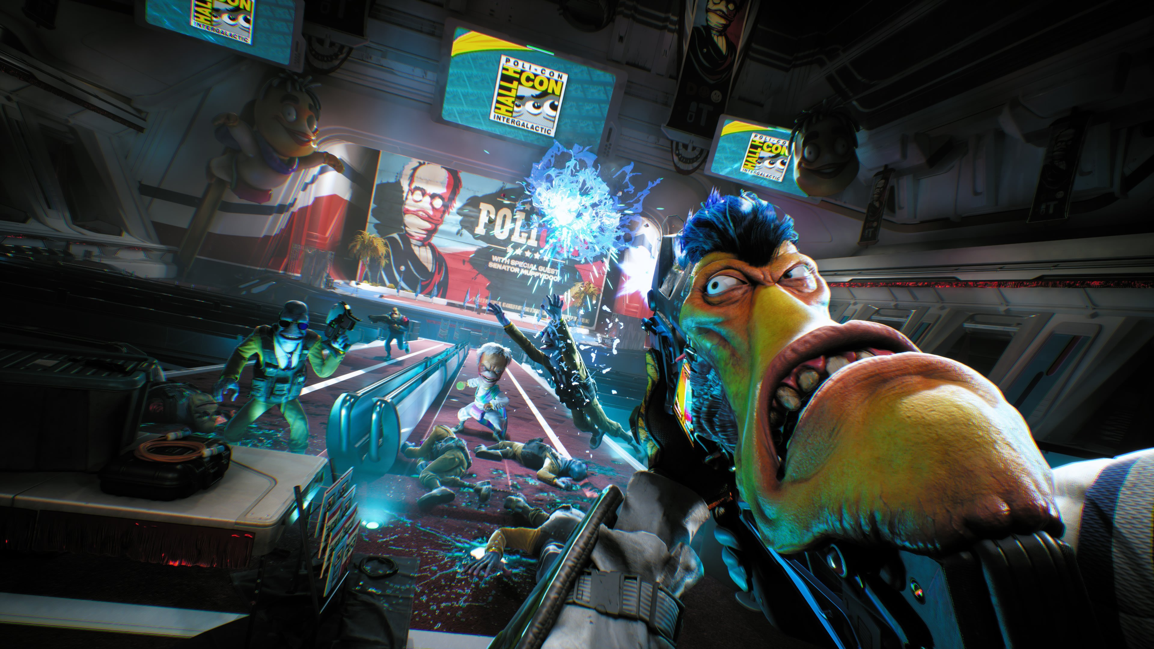 Wydarzenie przypominające Comic-Con z animowanymi postaciami i wojownikami.