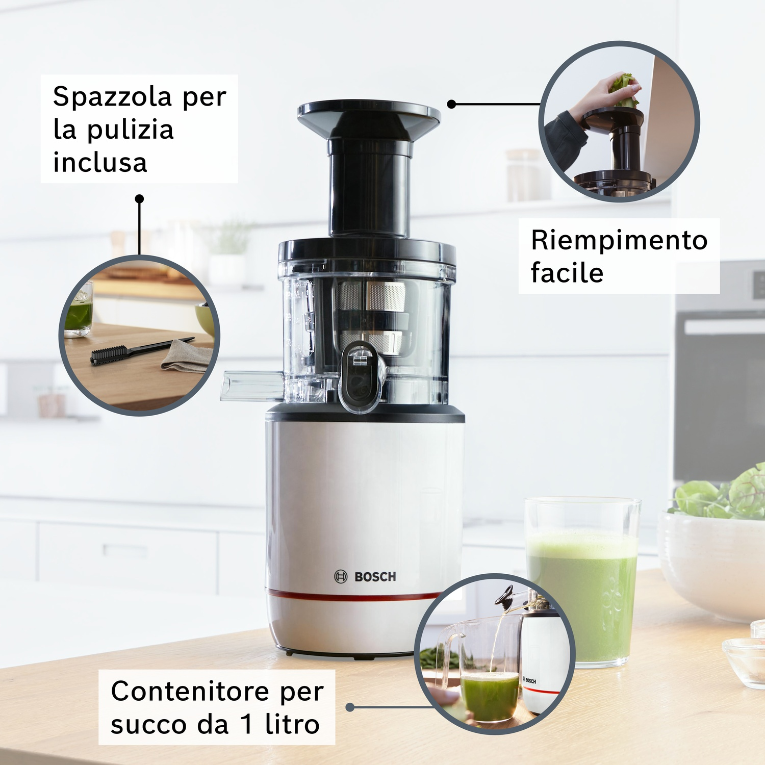Centrifuga Bosch con spazzola pulizia, riempimento facile, contenitore 1L.