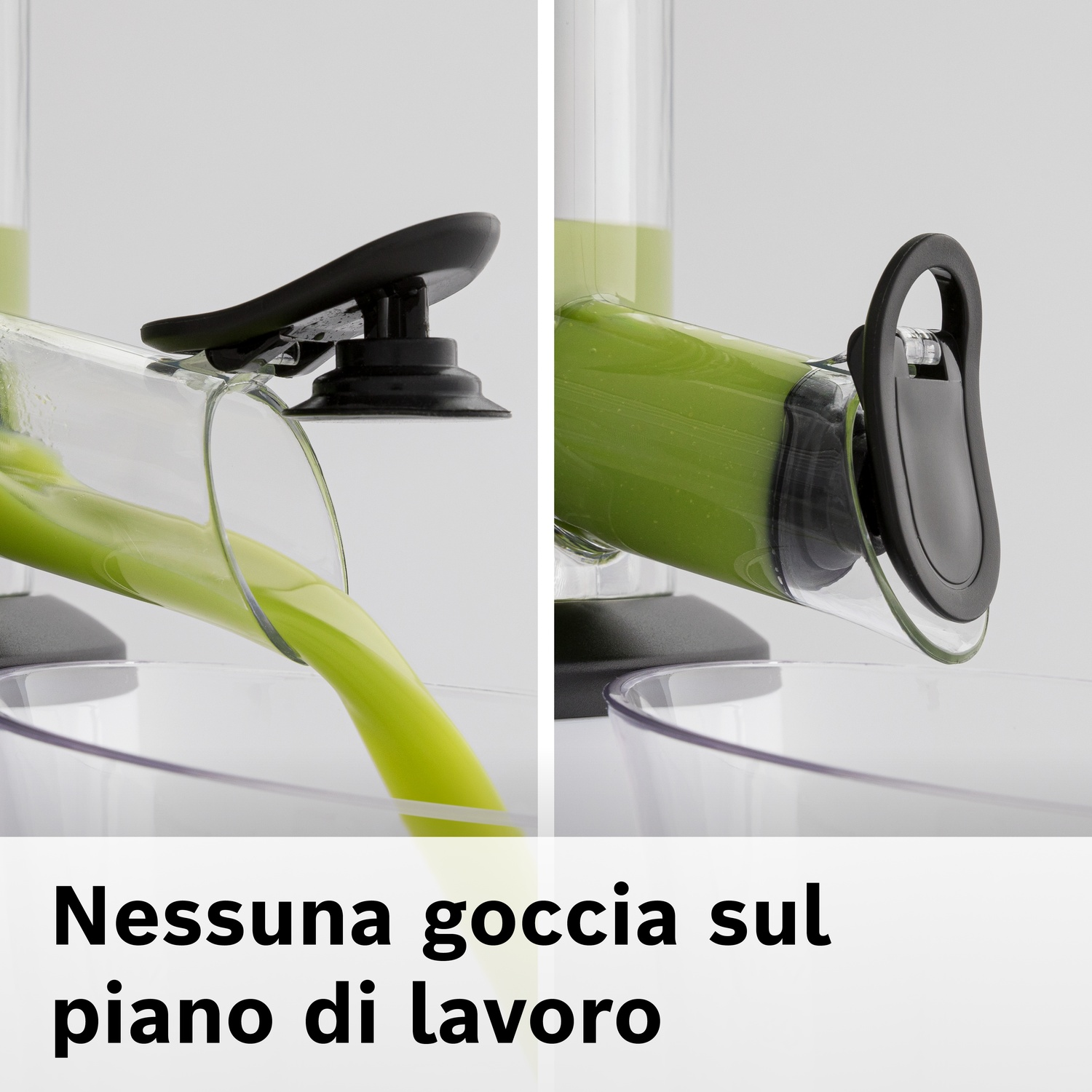 Succo verde scorre da un estrattore in una ciotola. Nessuna goccia sul piano di lavoro.