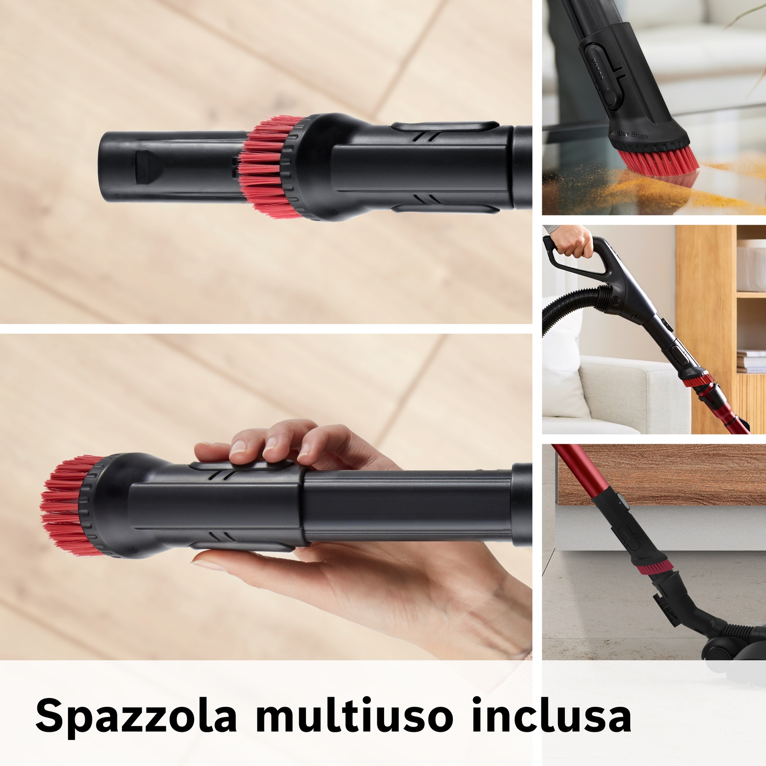 Spazzola nera con setole rosse che pulisce polvere.