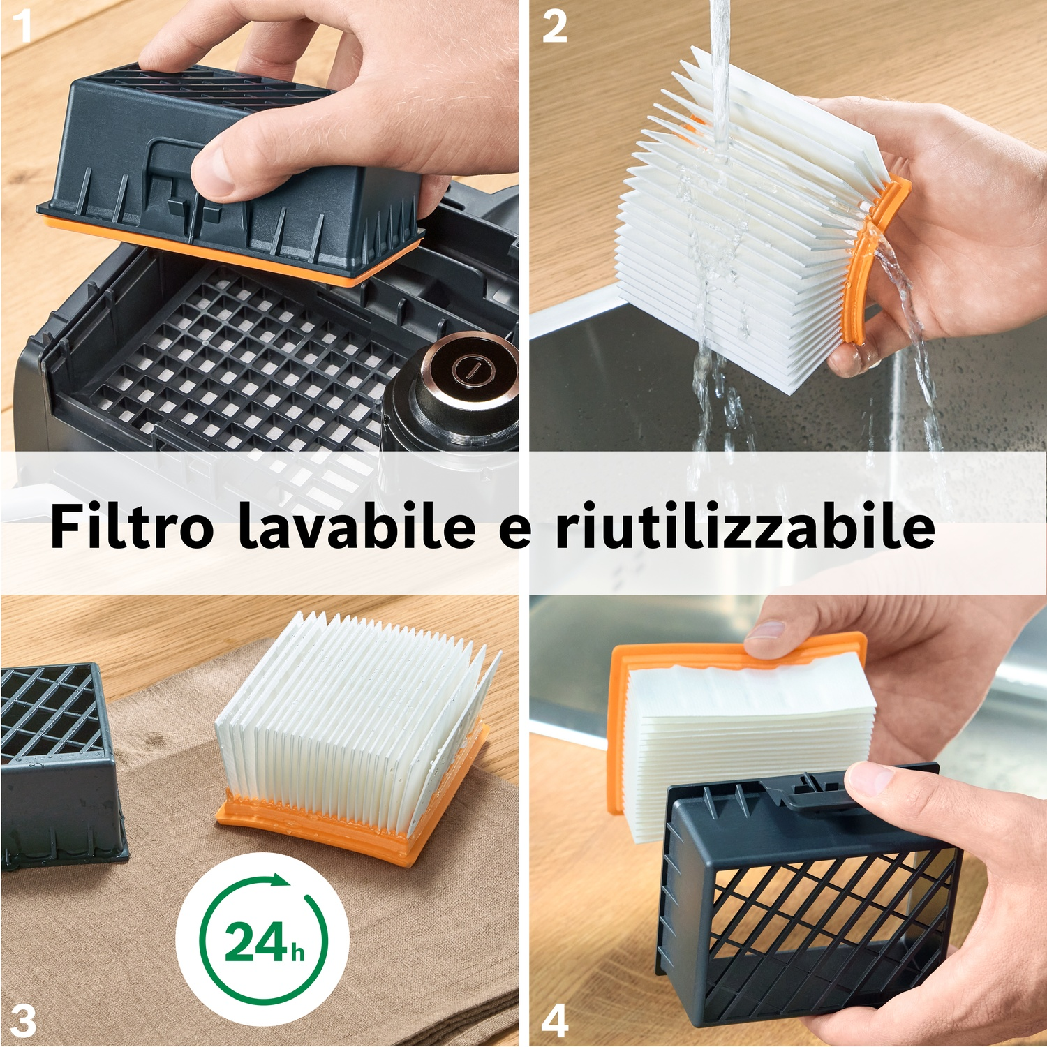 Istruzioni per la pulizia di un filtro aspirapolvere: inserimento, risciacquo, asciugatura, rimontaggio.