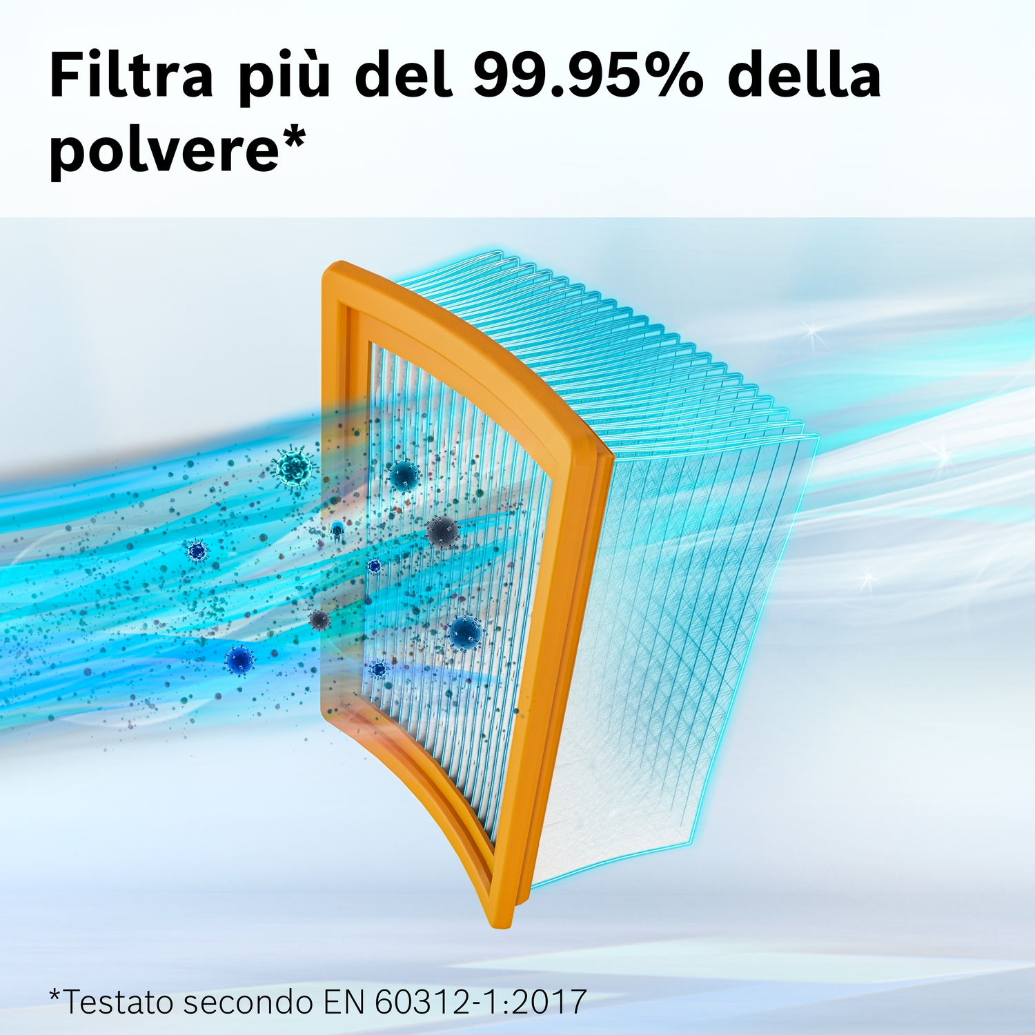 Un filtro cattura polvere e virus. Arancione e blu.