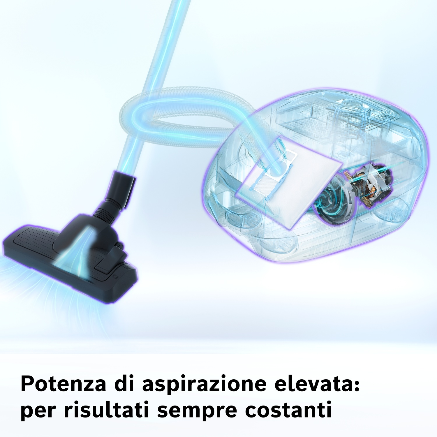 Aspirapolvere trasparente che mostra la potenza di aspirazione con tubo.