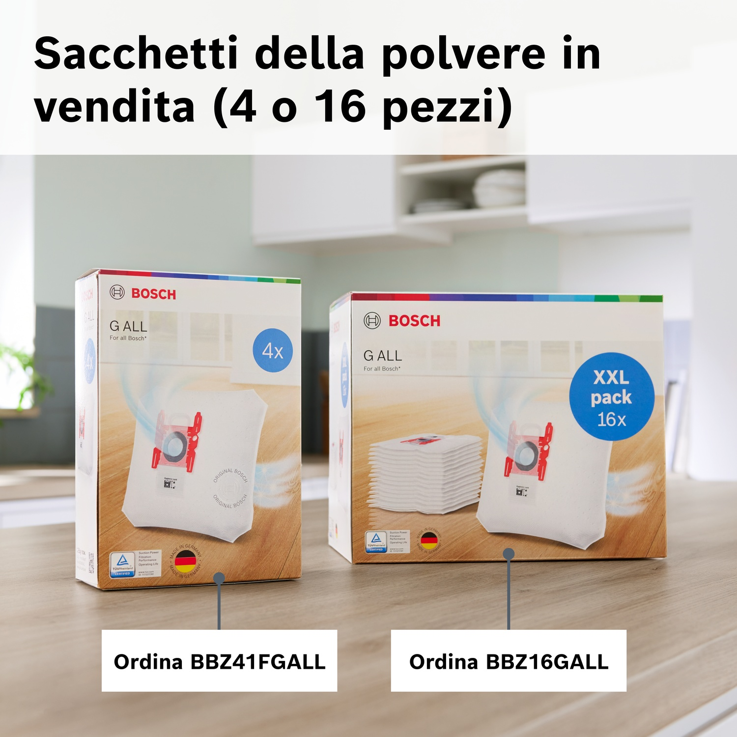 Due scatole di sacchetti Bosch, una da 4, l'altra da 16 pezzi.