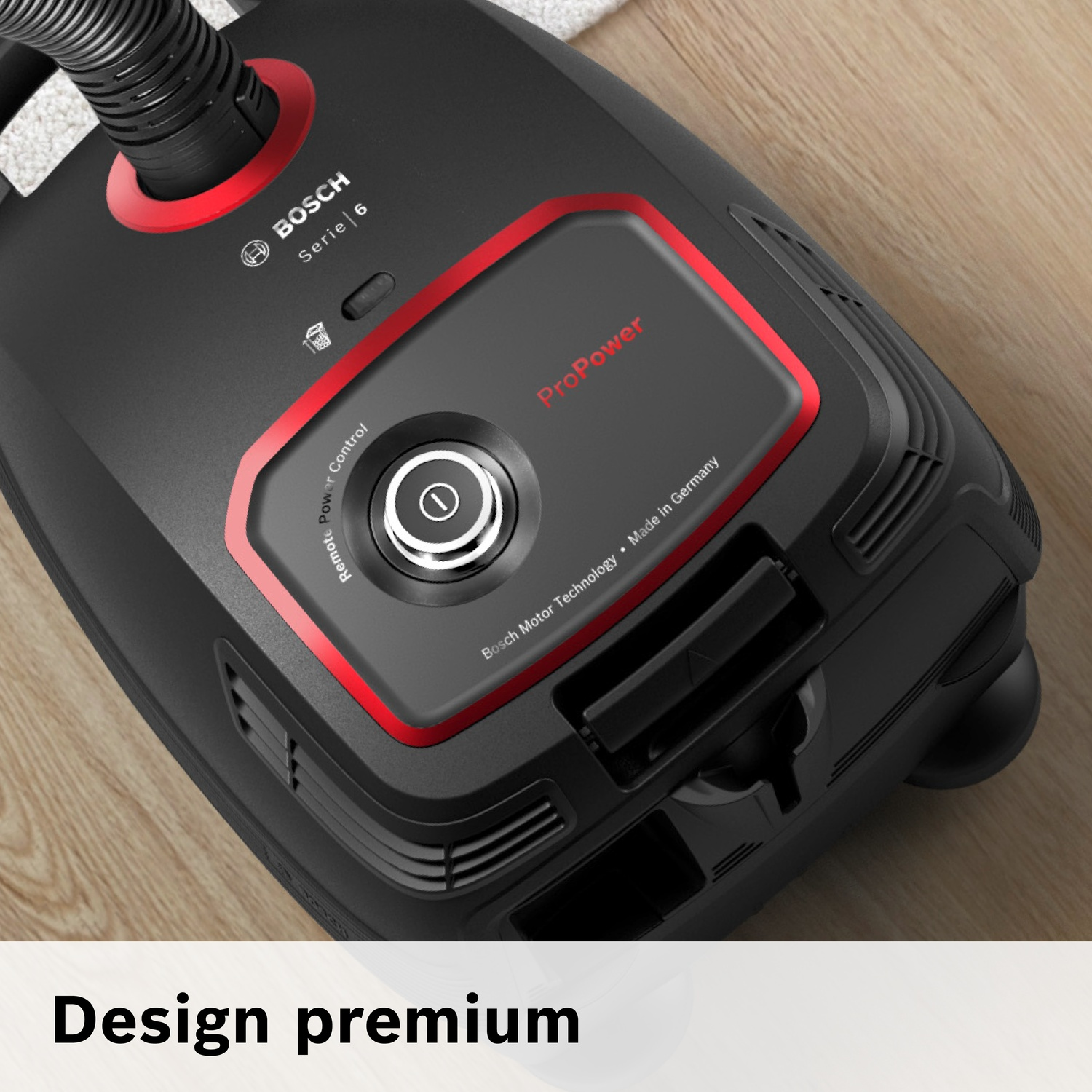 Aspirapolvere nero Bosch Serie 6 con finiture rosse e ProPower.