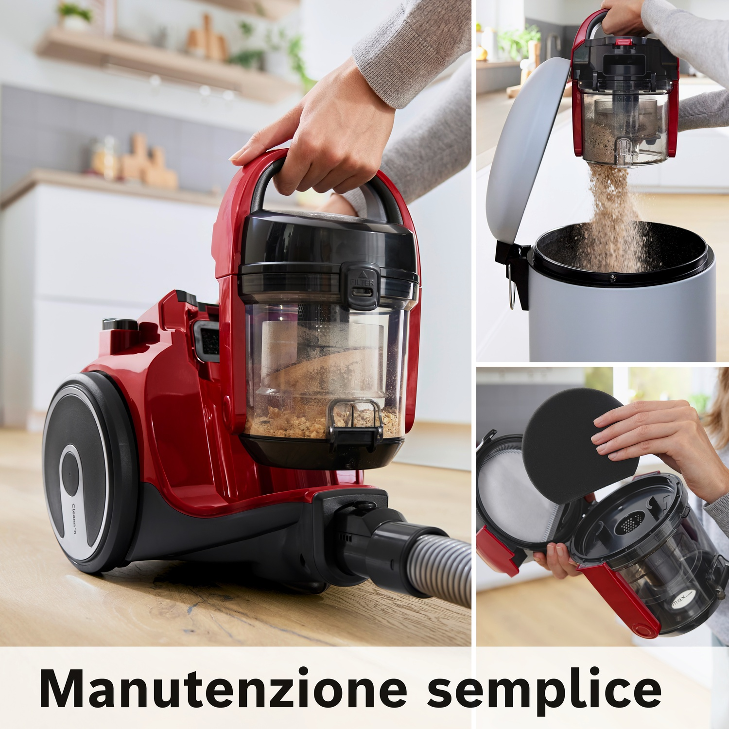 Aspirapolvere rosso con accessori e polvere svuotata in un cestino.