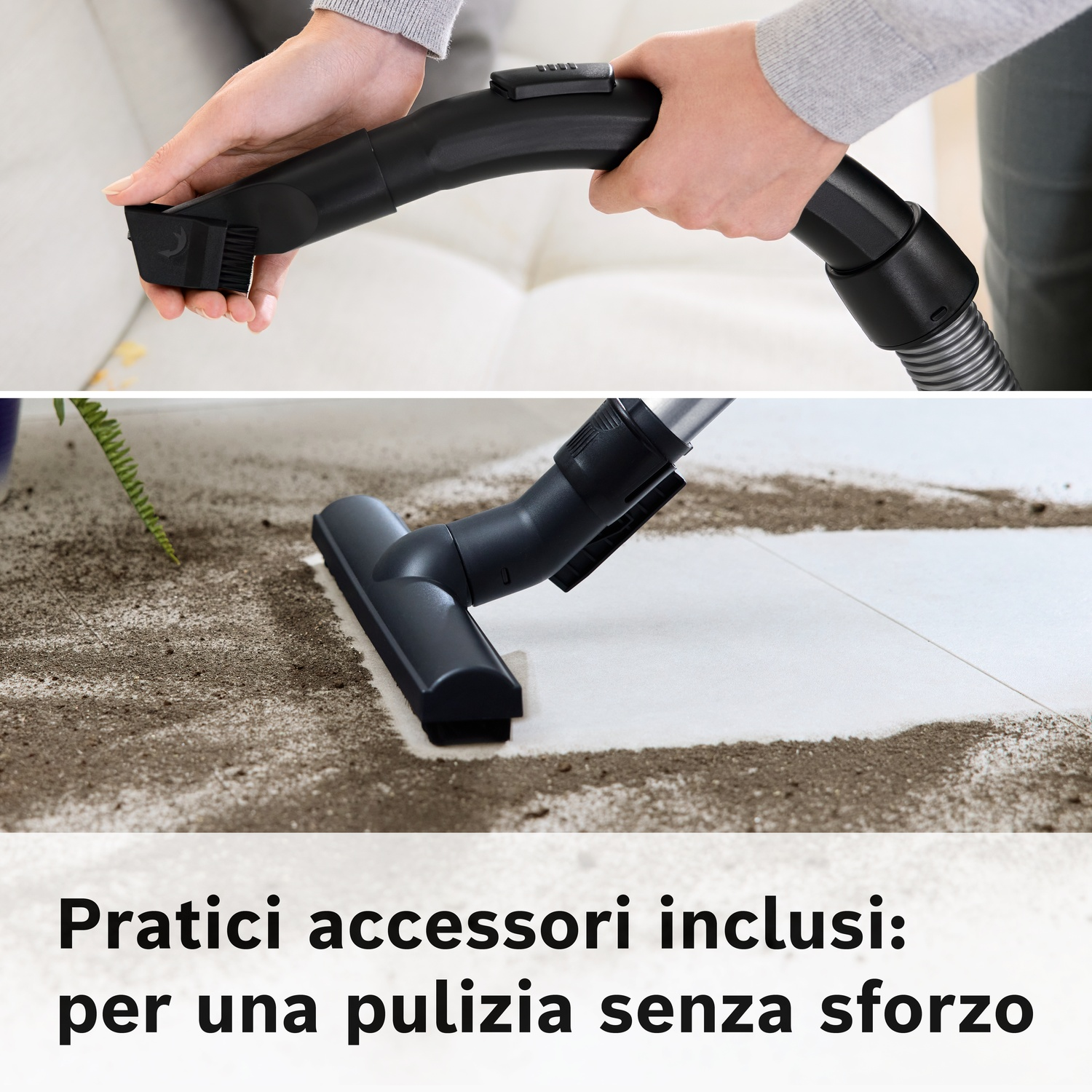Una mano tiene una spazzola per aspirapolvere. Il pavimento è sporco.