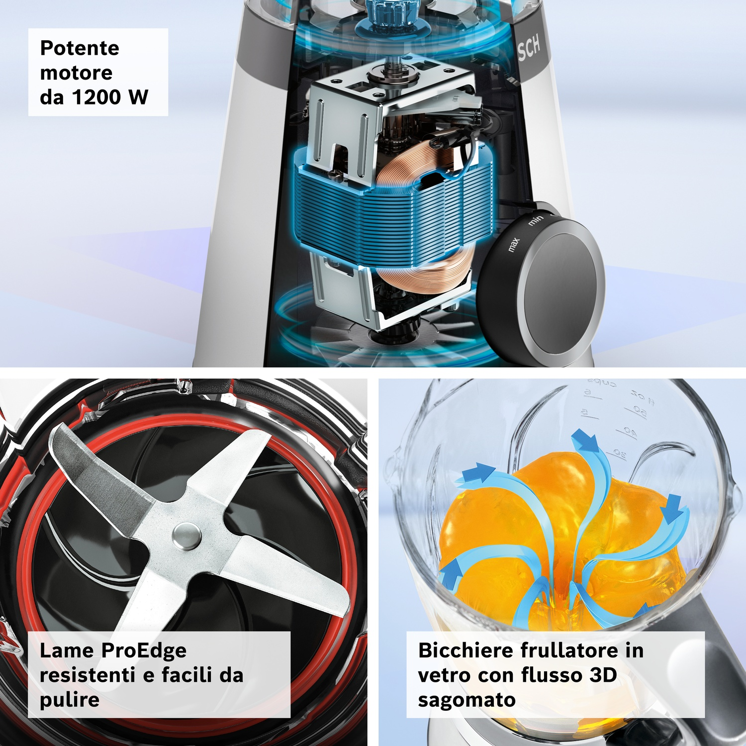 Dettagli frullatore: motore 1200W, lame ProEdge, caraffa in vetro con flusso 3D.