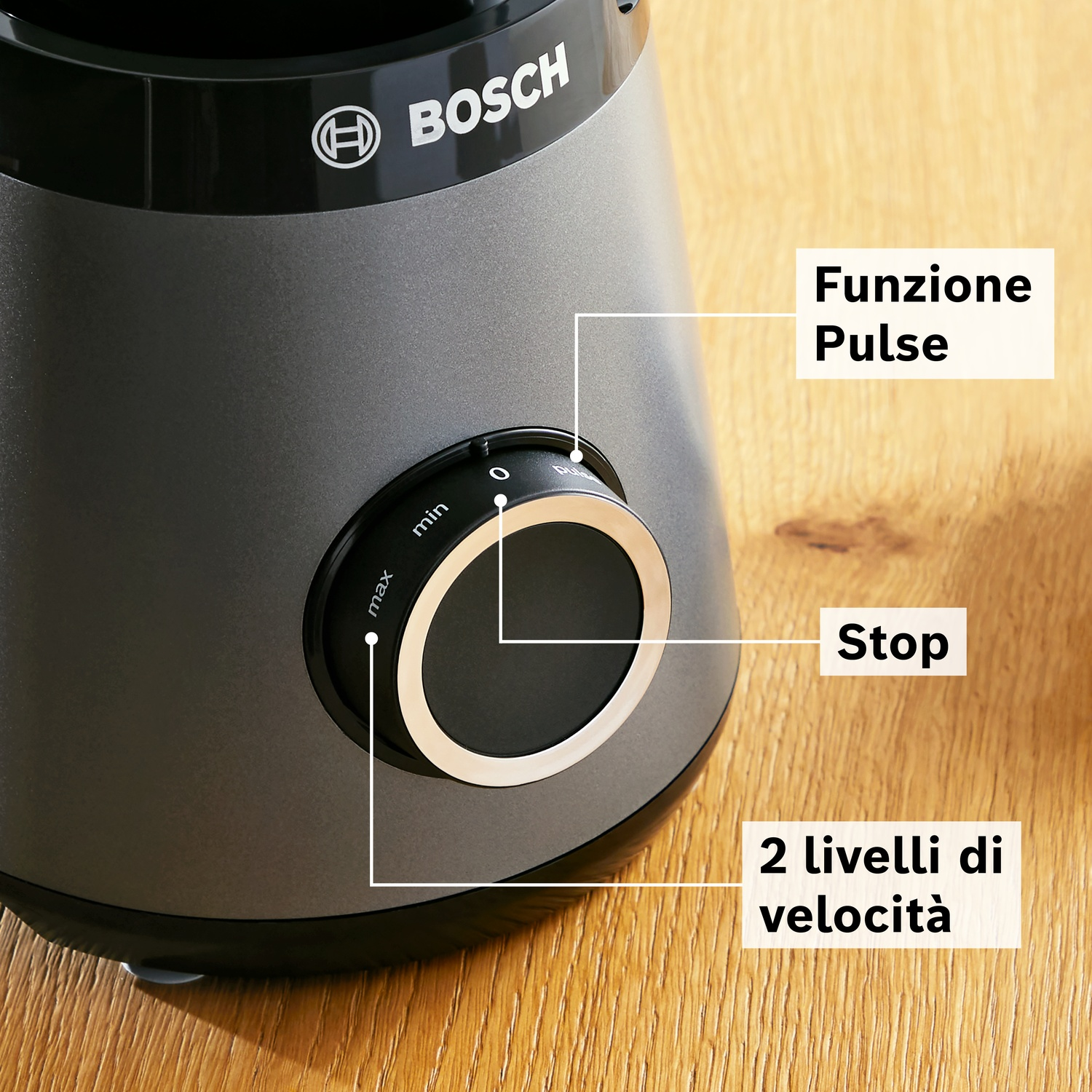 Frullatore Bosch grigio con selettore per pulse, stop e 2 velocità.