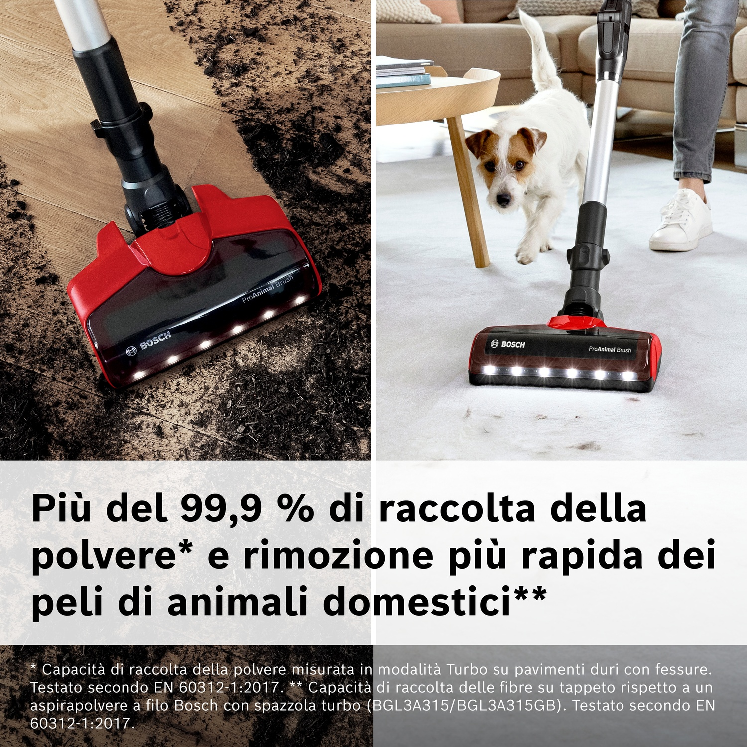 Aspirapolvere rosso Bosch pulisce parquet e tappeto con un cane.