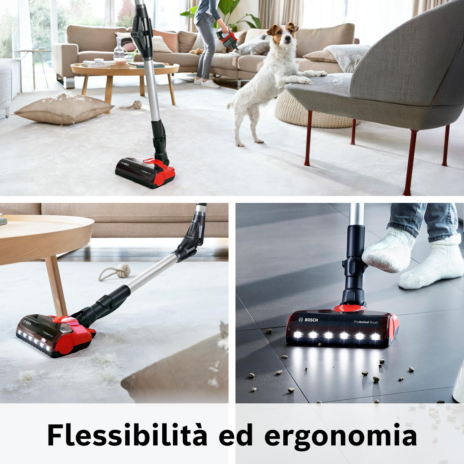 Un aspirapolvere a batteria Bosch rosso pulisce tappeti e piastrelle.