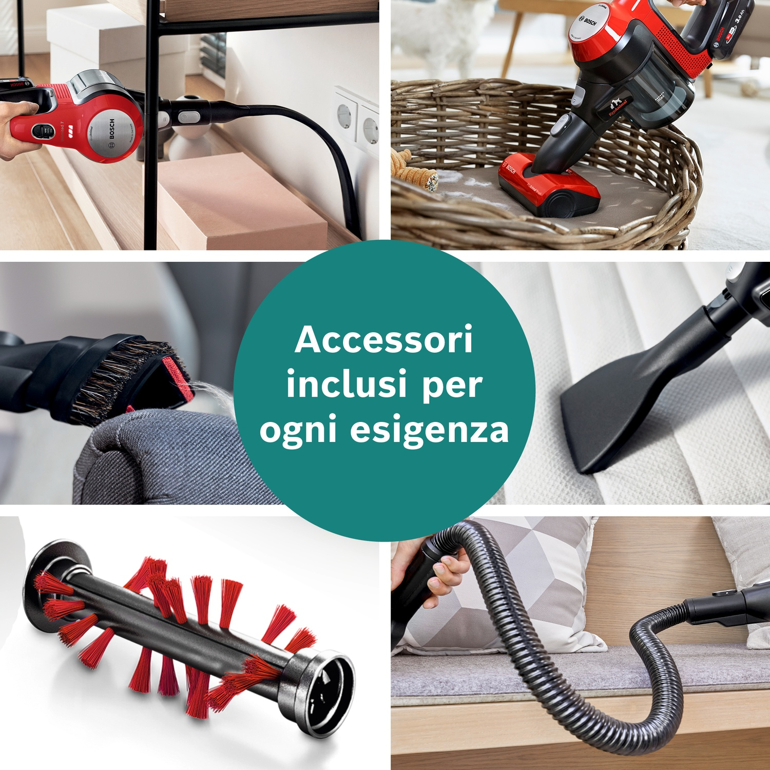 Immagini di accessori aspirapolvere Bosch: manico, spazzola, bocchetta e tubo.