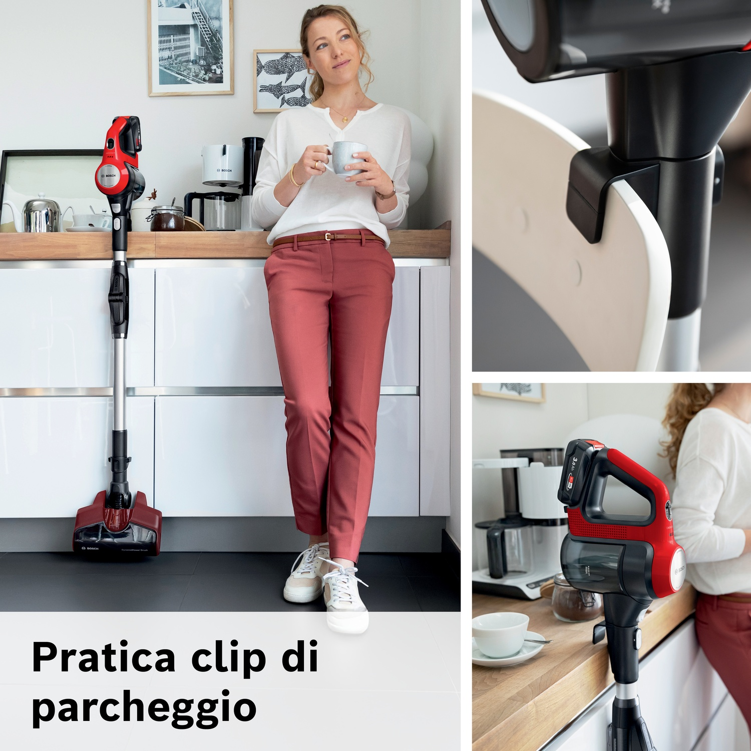 Una donna in cucina tiene una tazza di caffè, un aspirapolvere è vicino.