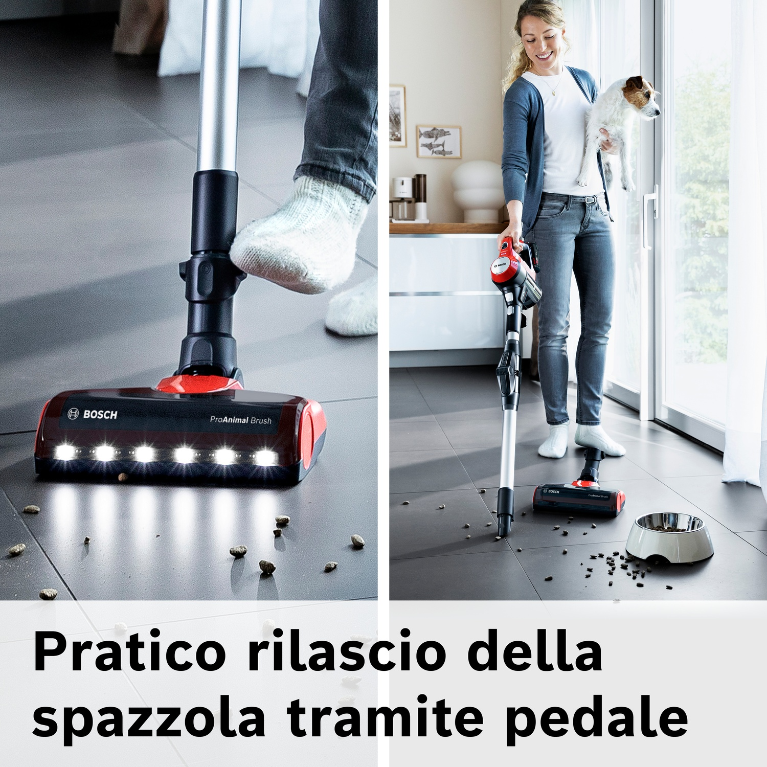 Una persona usa un aspirapolvere Bosch con luci LED su un pavimento piastrellato.