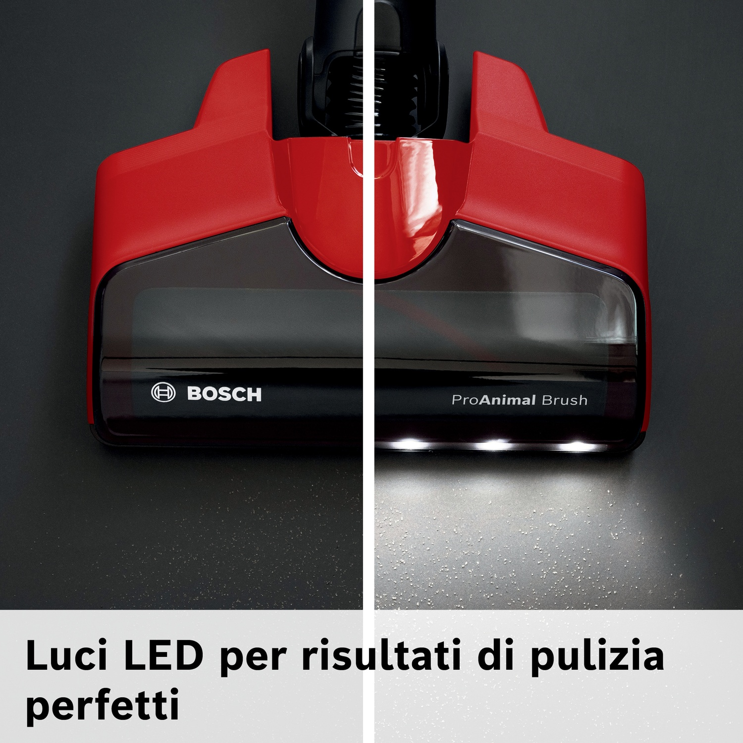 Testina rossa aspirapolvere Bosch con luce LED che illumina lo sporco a terra.