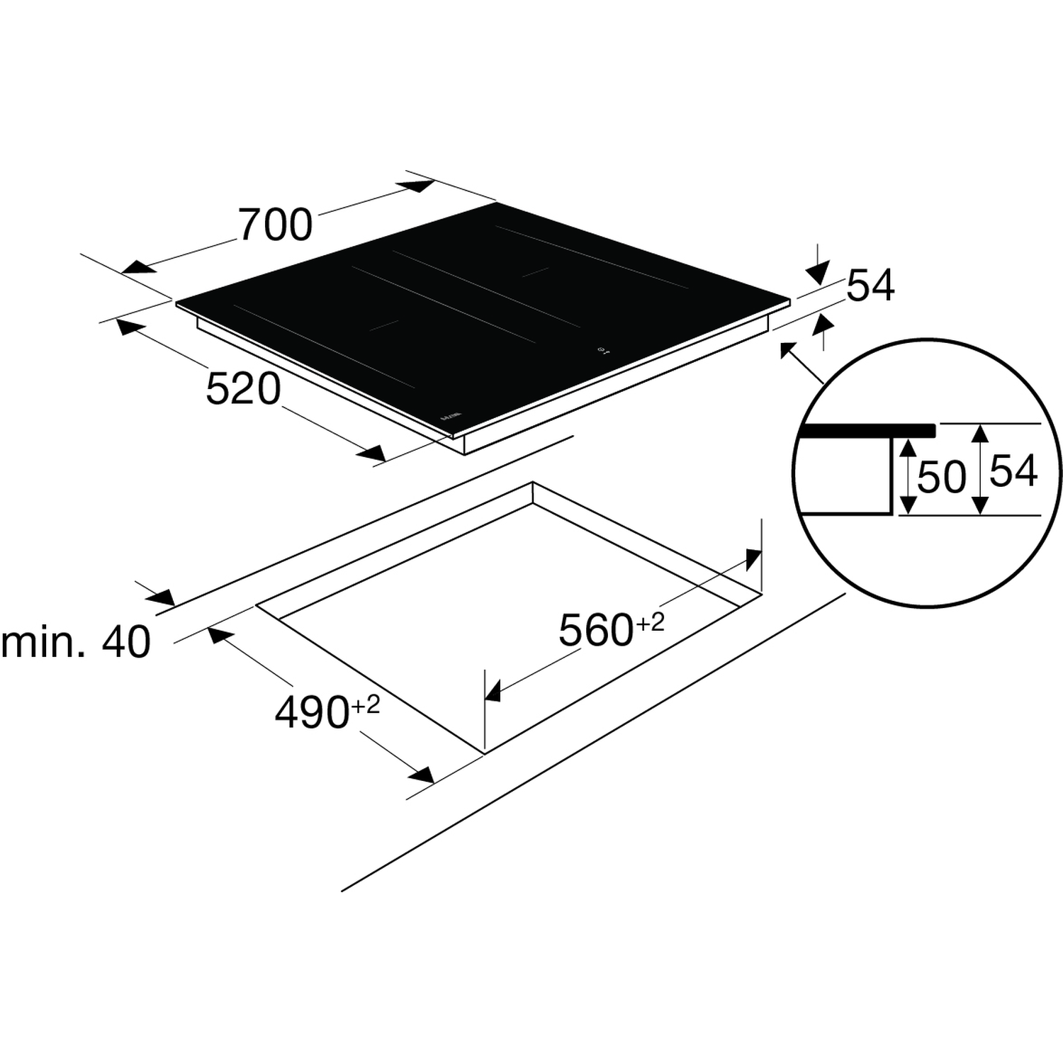 Technical drawing of a black induction hob with dimensions in mm.