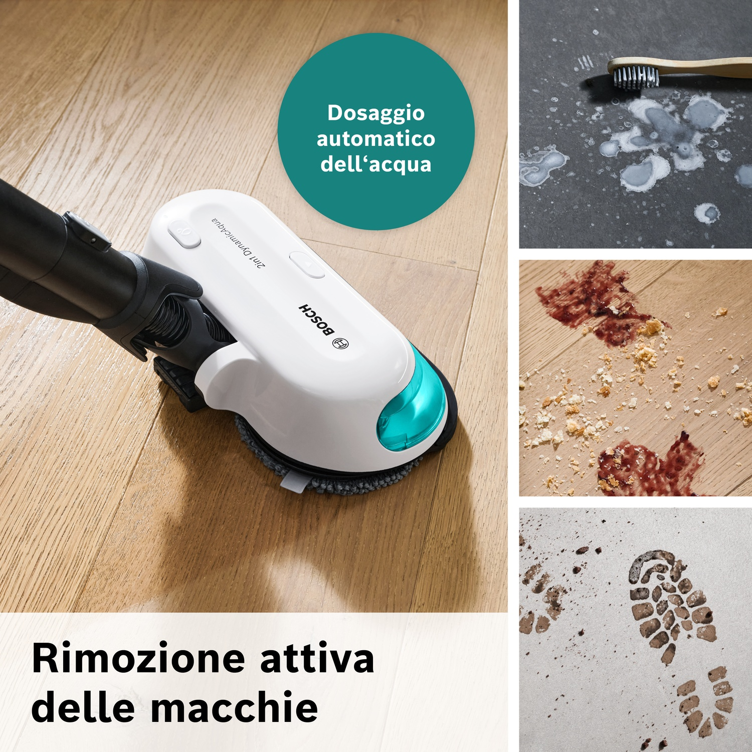 Un pulitore per pavimenti Bosch su legno accanto a macchie su pavimento grigio.
