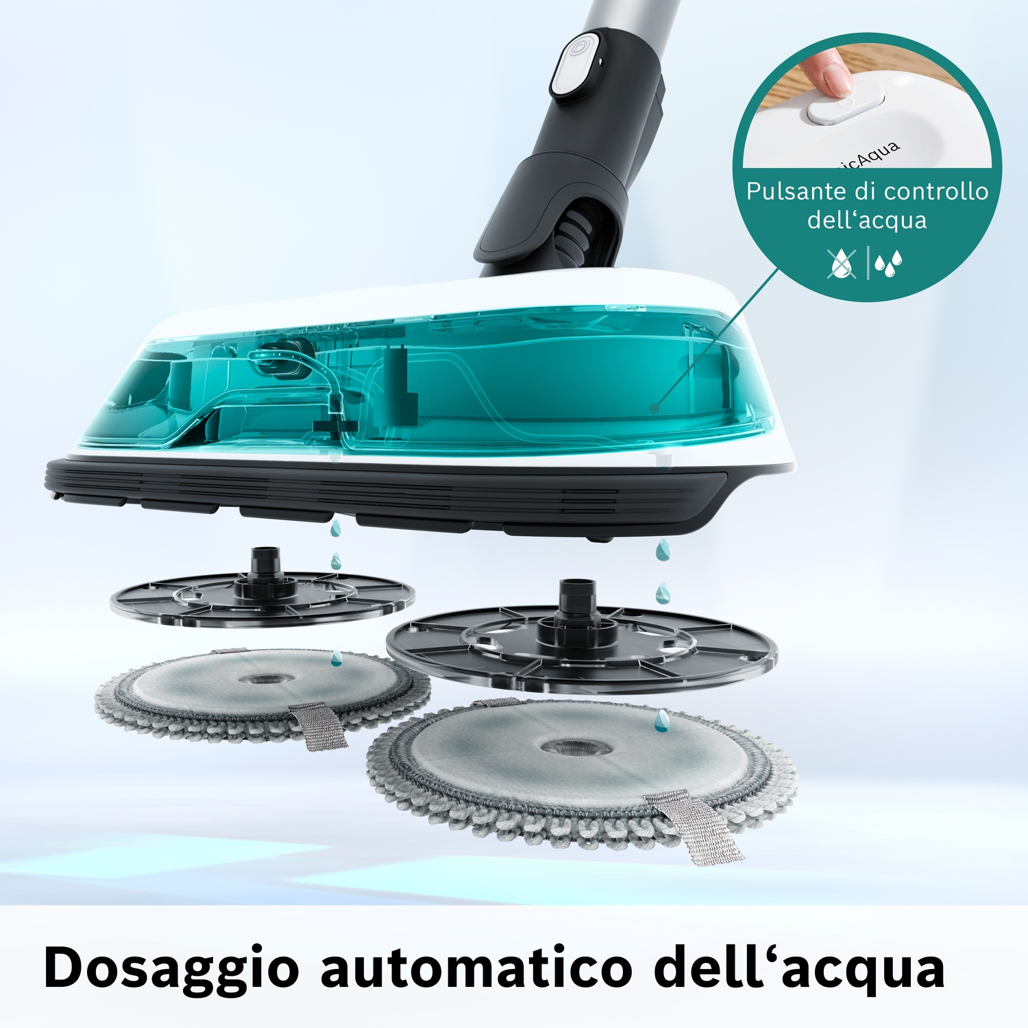 Testa di mocio con serbatoio acqua trasparente, spazzole rotanti e gocce d'acqua.