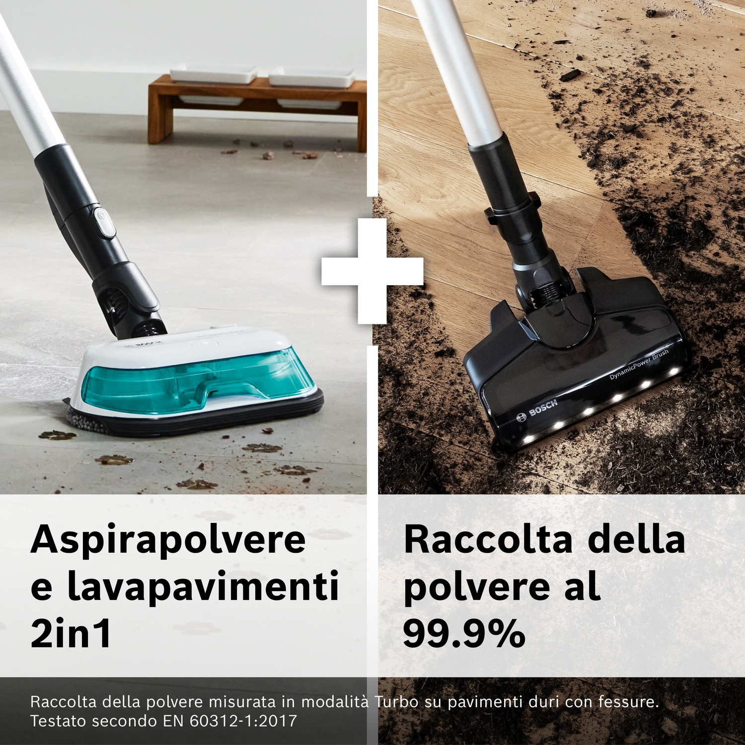 Un aspirapolvere e lavapavimenti 2in1 pulisce. Un altro aspira il 99,9% di polvere.