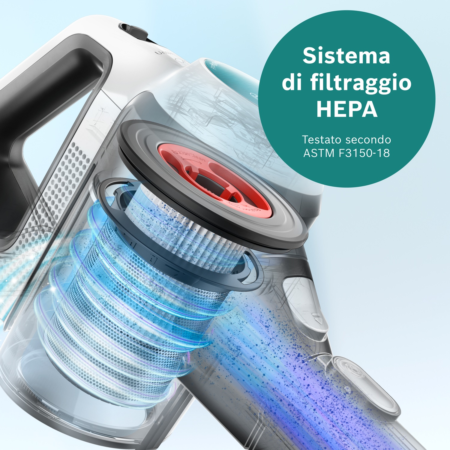 Primo piano di un filtro per aspirapolvere con vortice blu e particelle.